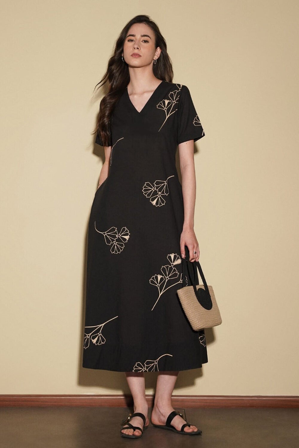 Cotton Floral Fit and Flare Dress - Black
