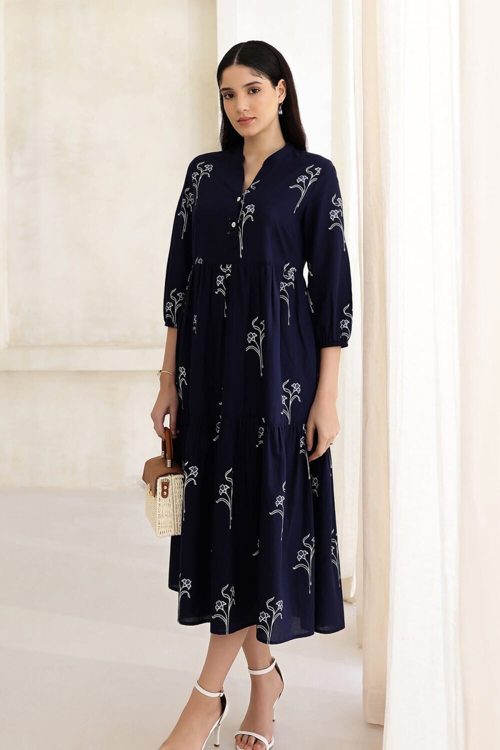 Cotton Floral Fit and Flare Dress - Navy Blue