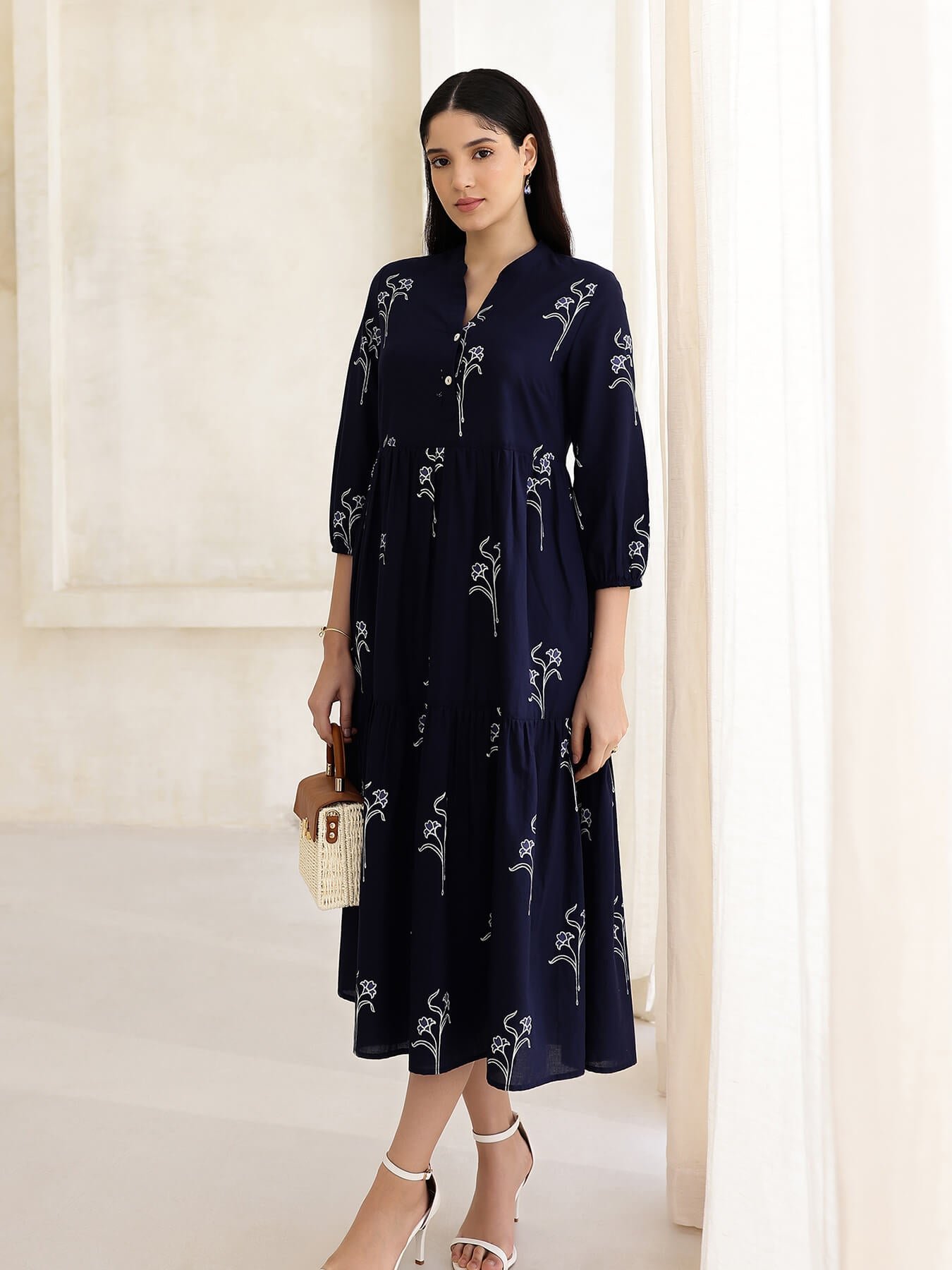 Cotton Floral Fit and Flare Dress - Navy Blue