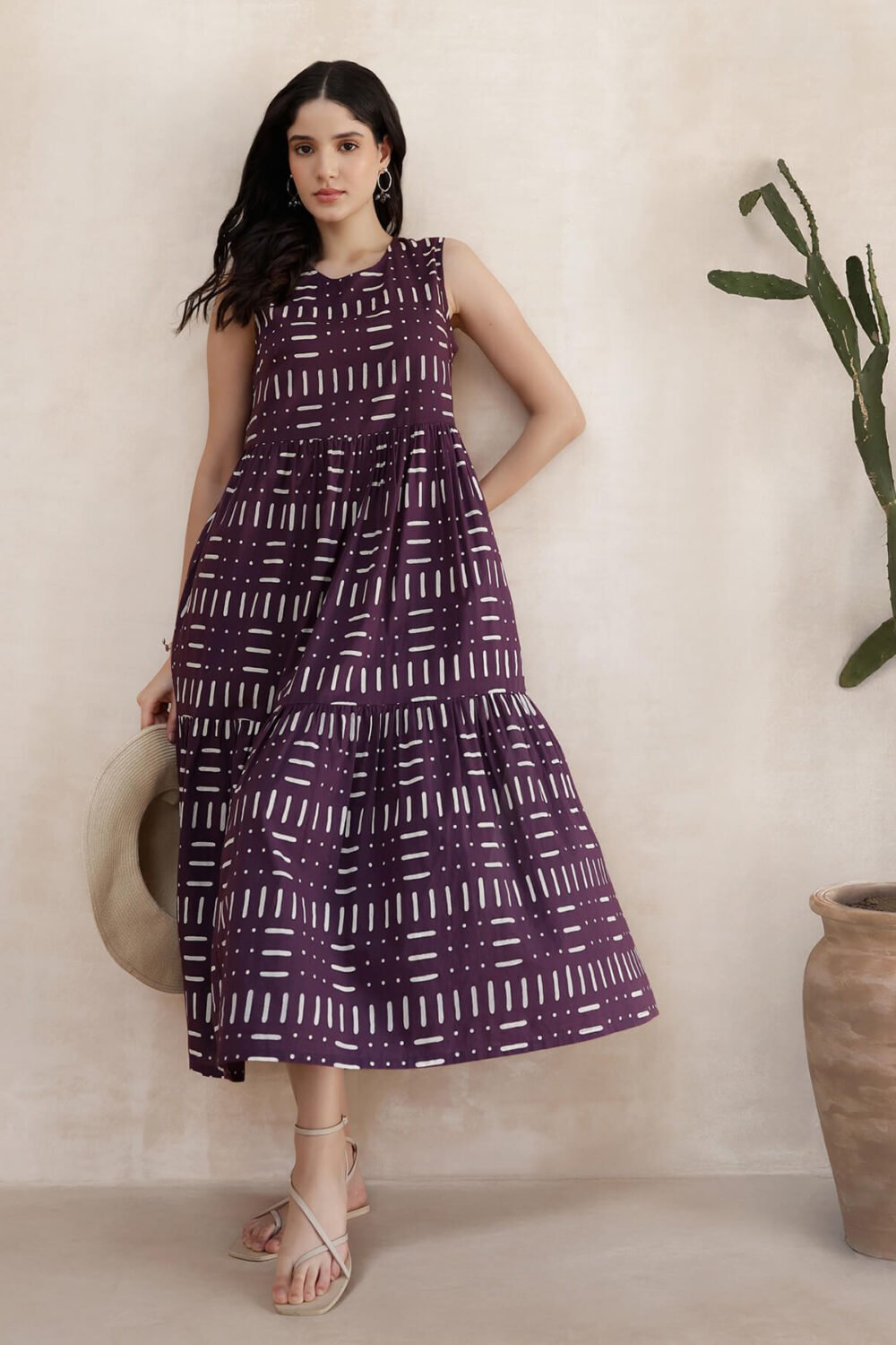 Cotton Geometric Fit and Flare Dress - Purple