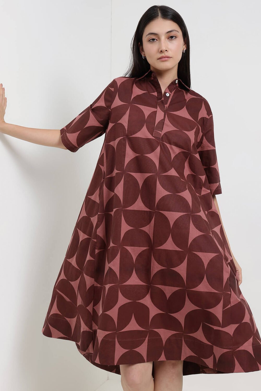 Cotton Geometric A-Line Dress - Burgundy