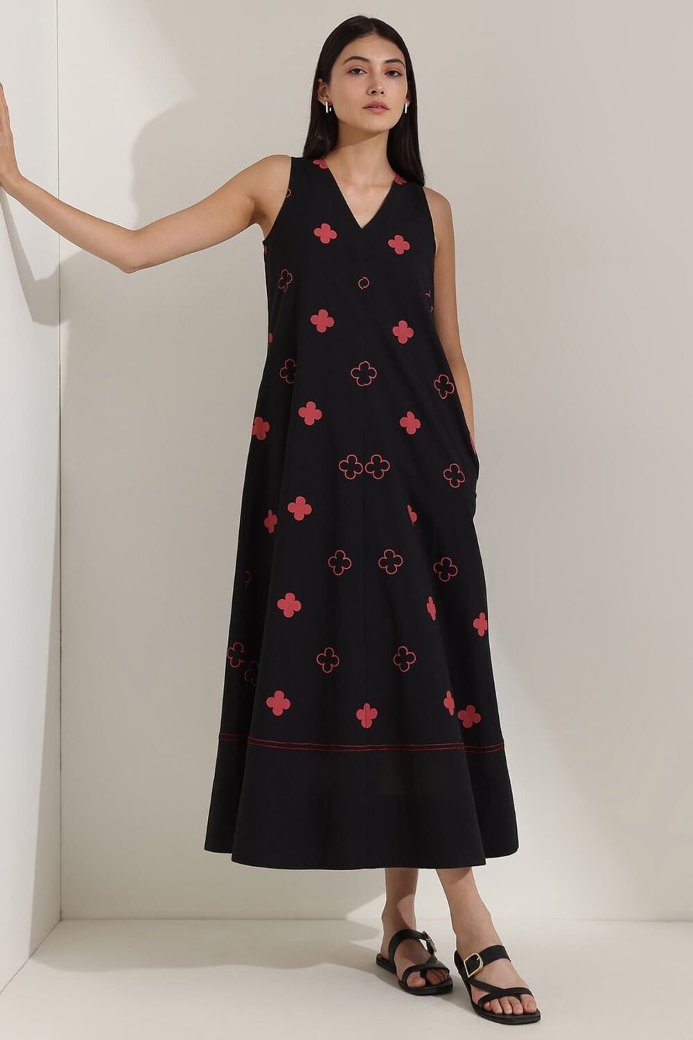 Cotton Geometric A-Line Dress - Black