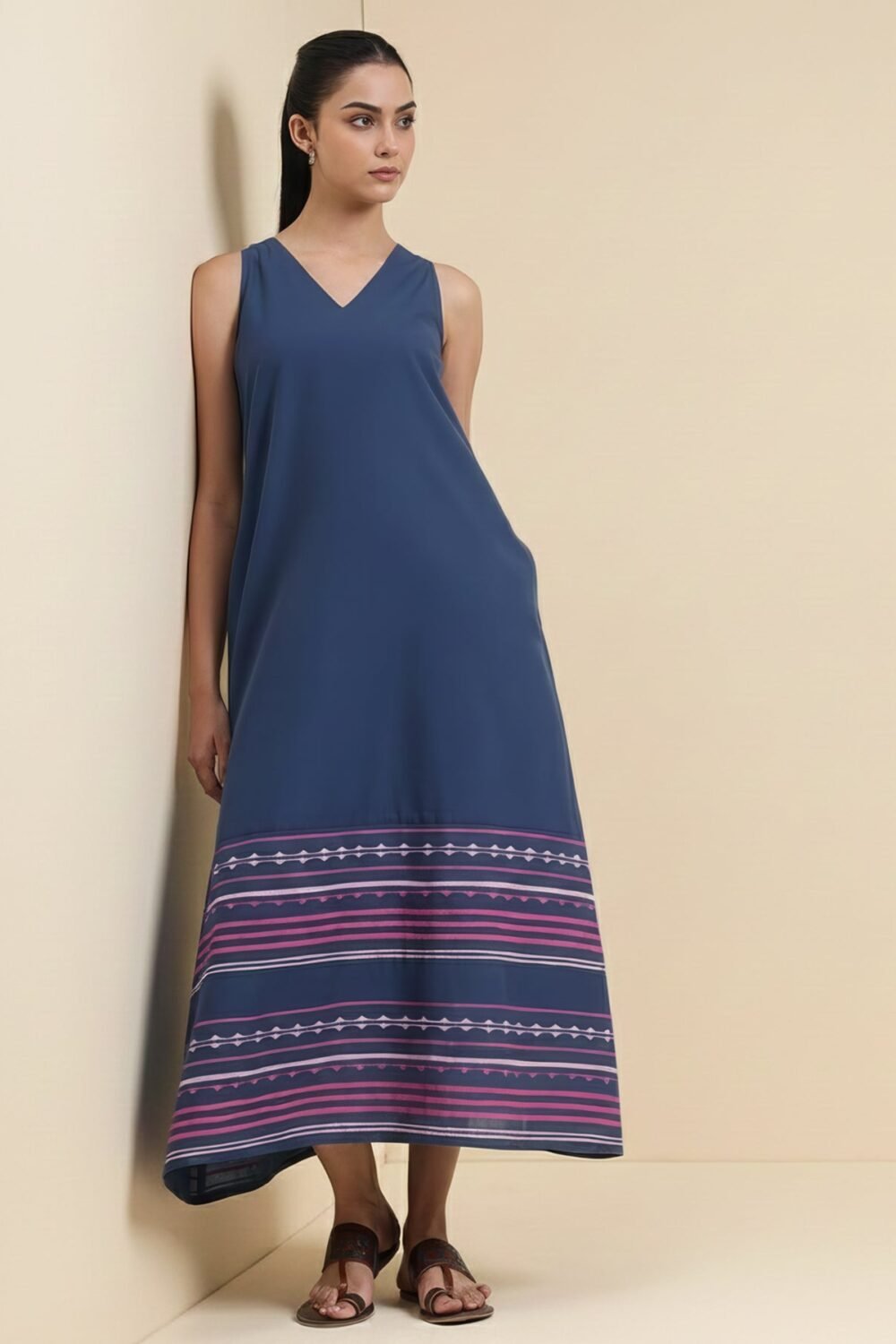 Cotton Striped A-Line Dress - Blue