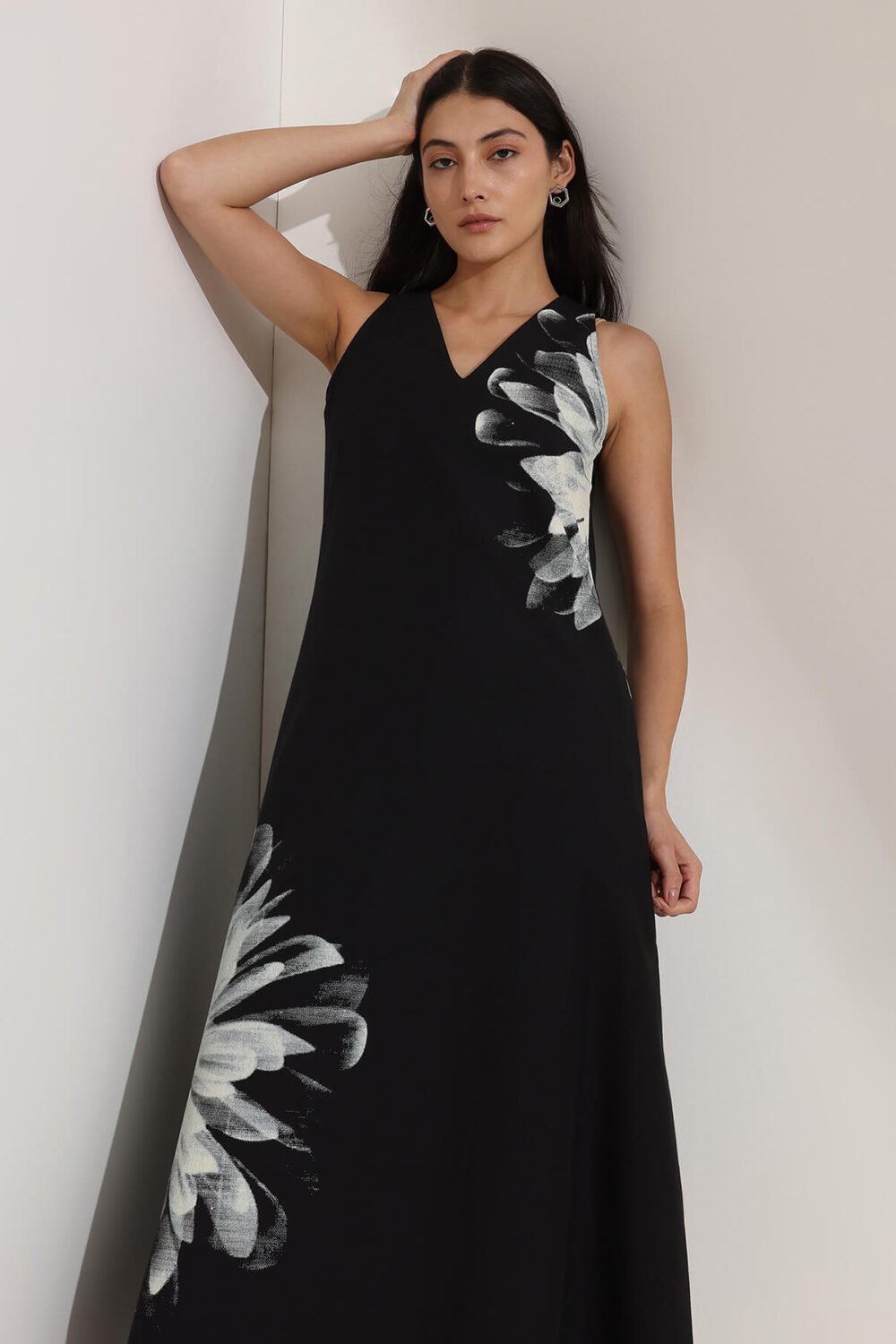 Cotton Floral A-Line Dress - Black