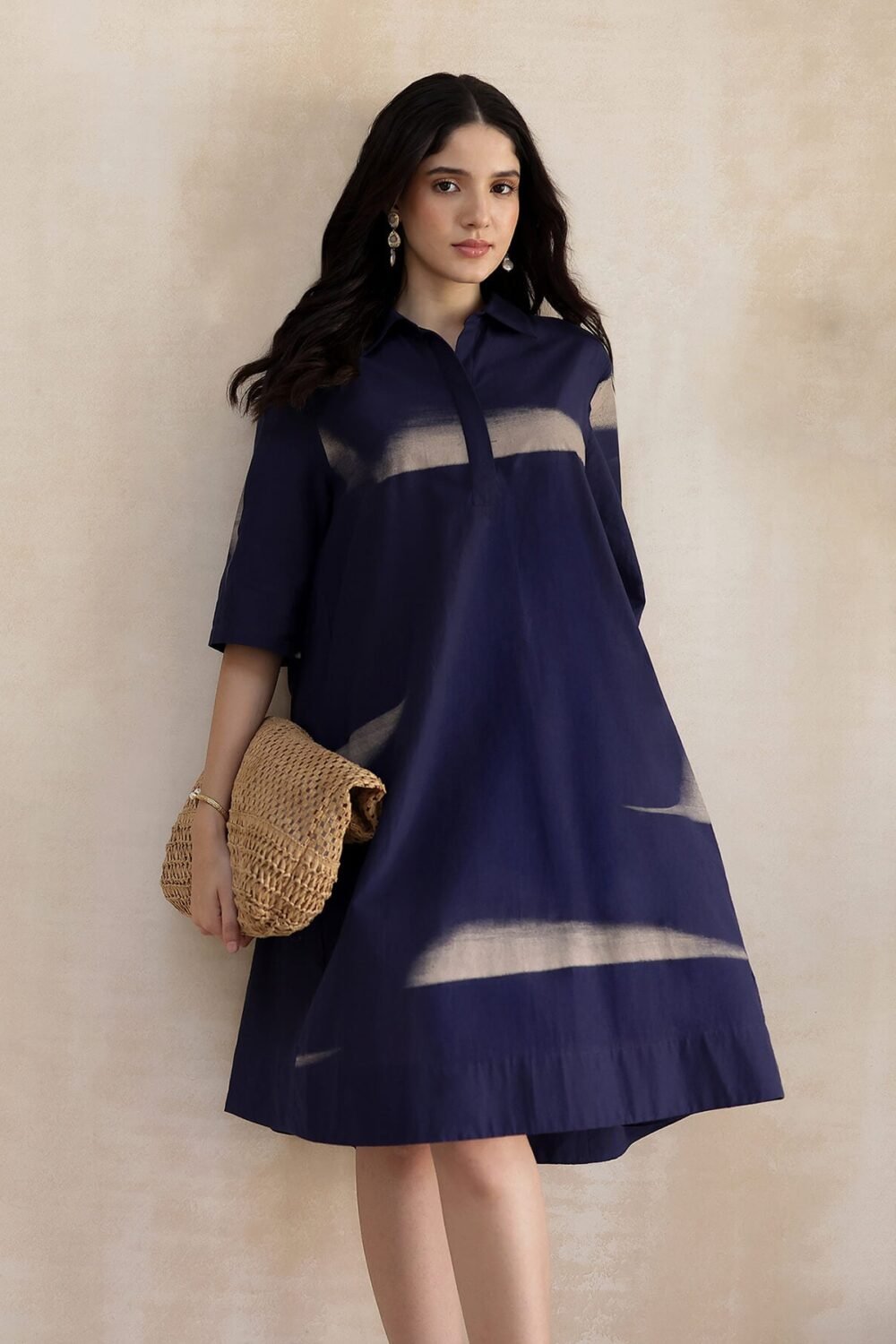 Cotton Geometric A-Line Dress - Navy Blue