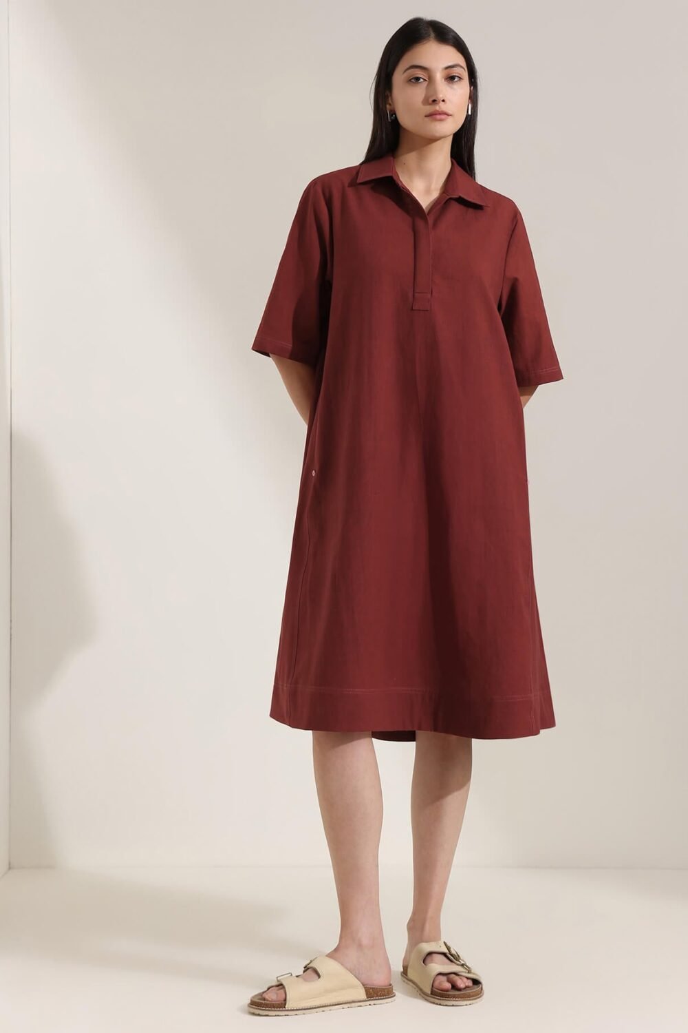 Linen Blend Solid A-Line Dress - Maroon