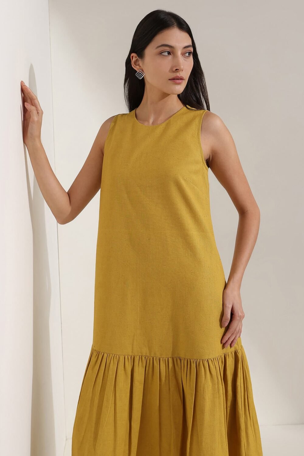 Linen Blend Solid Fit and Flare Dress - Yellow