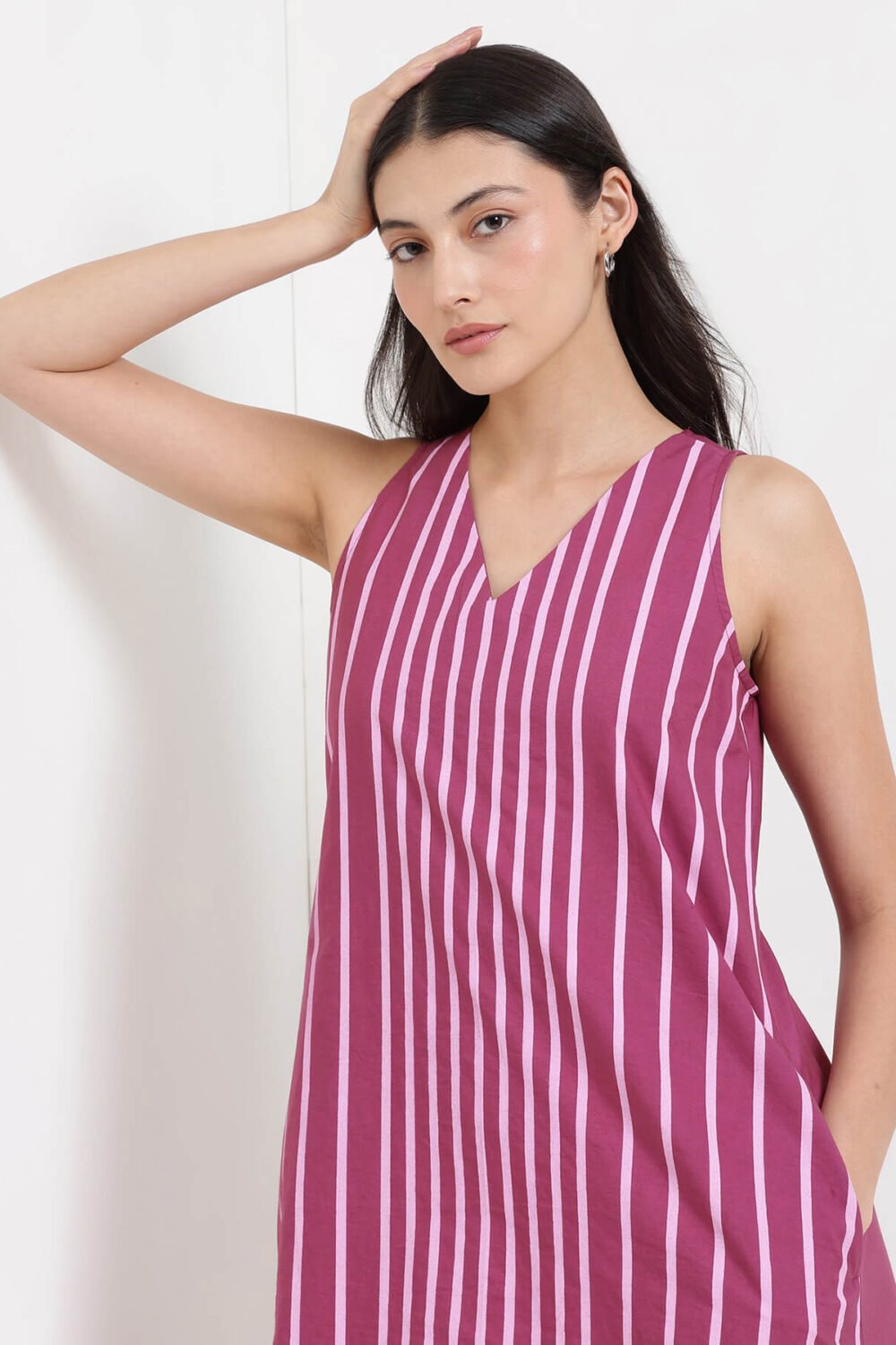 Cotton Striped A-Line Dress - Pink