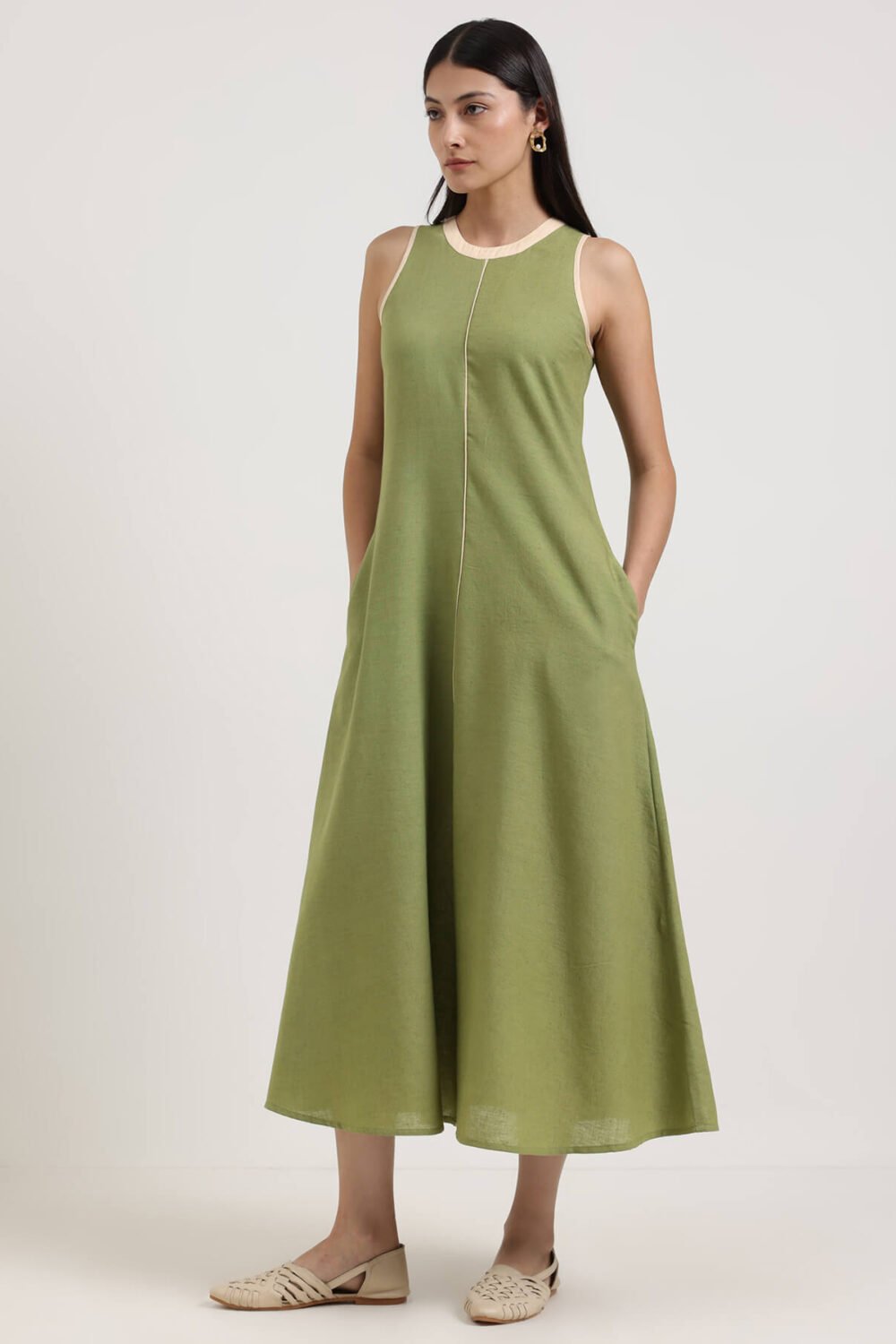 Linen Blend Solid A-Line Dress - Green