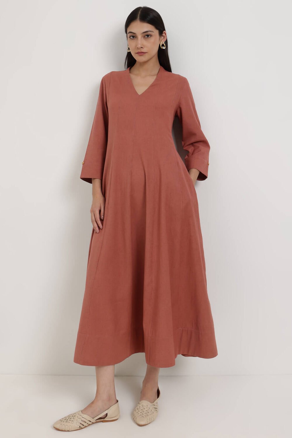 Linen Blend Solid A-Line Dress - Rust