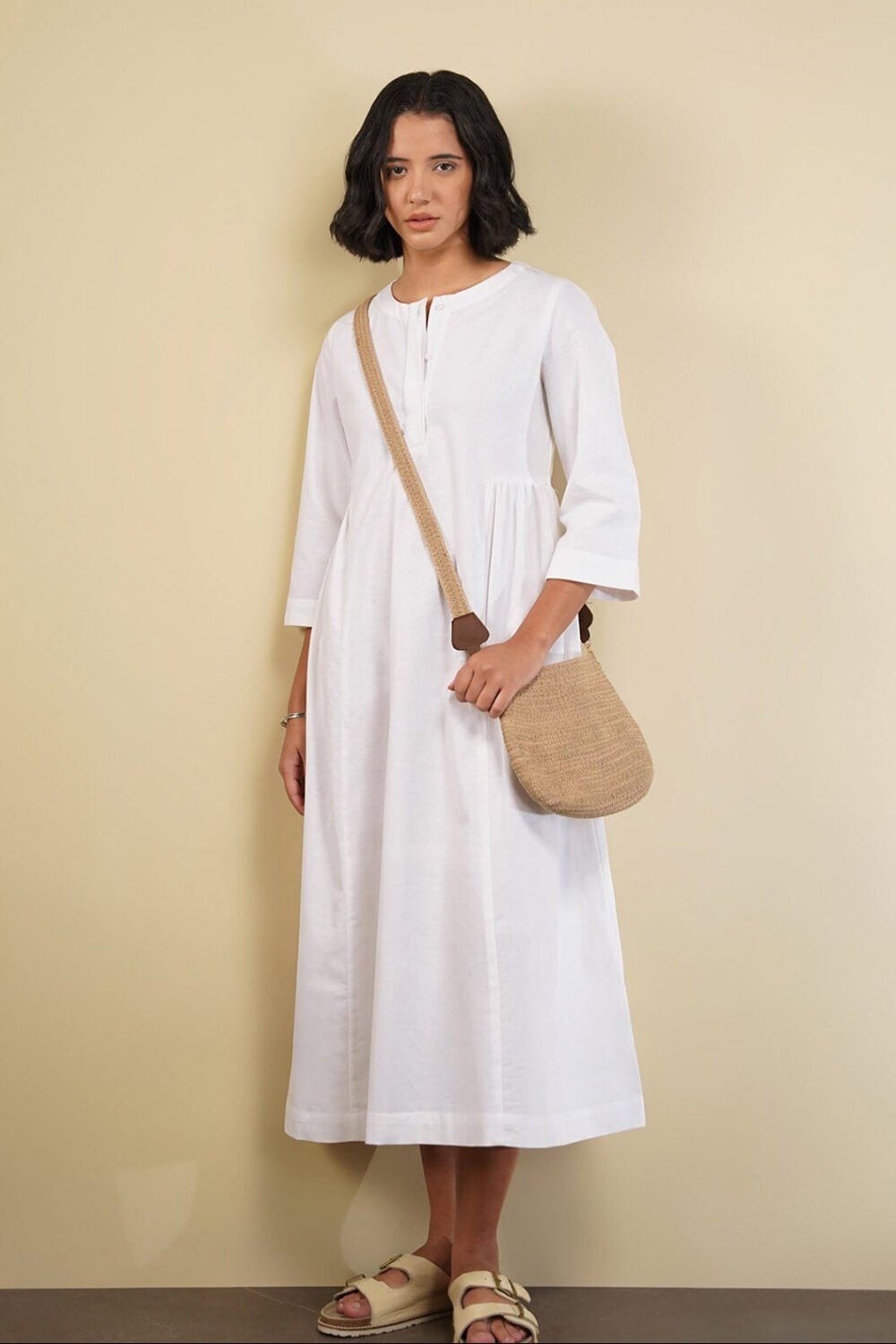Linen Blend Solid Fit and Flare Dress - White