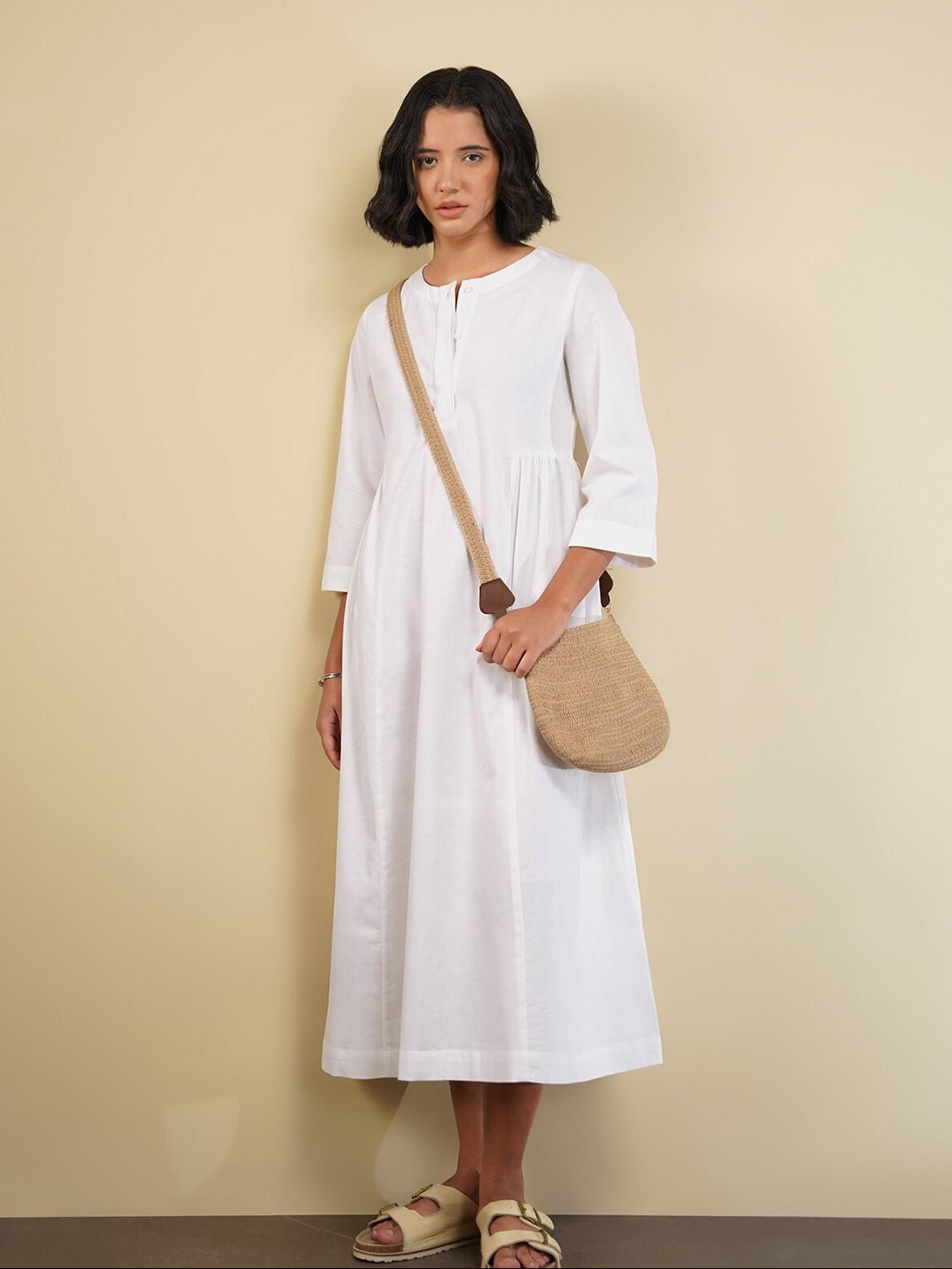 Linen Blend Solid Fit and Flare Dress - White
