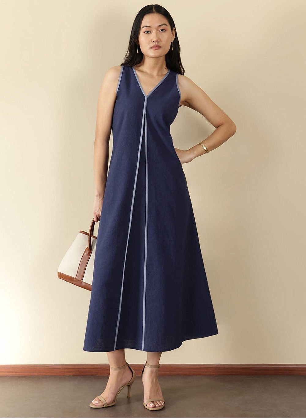 Linen Blend Solid A-Line Dress - Navy Blue