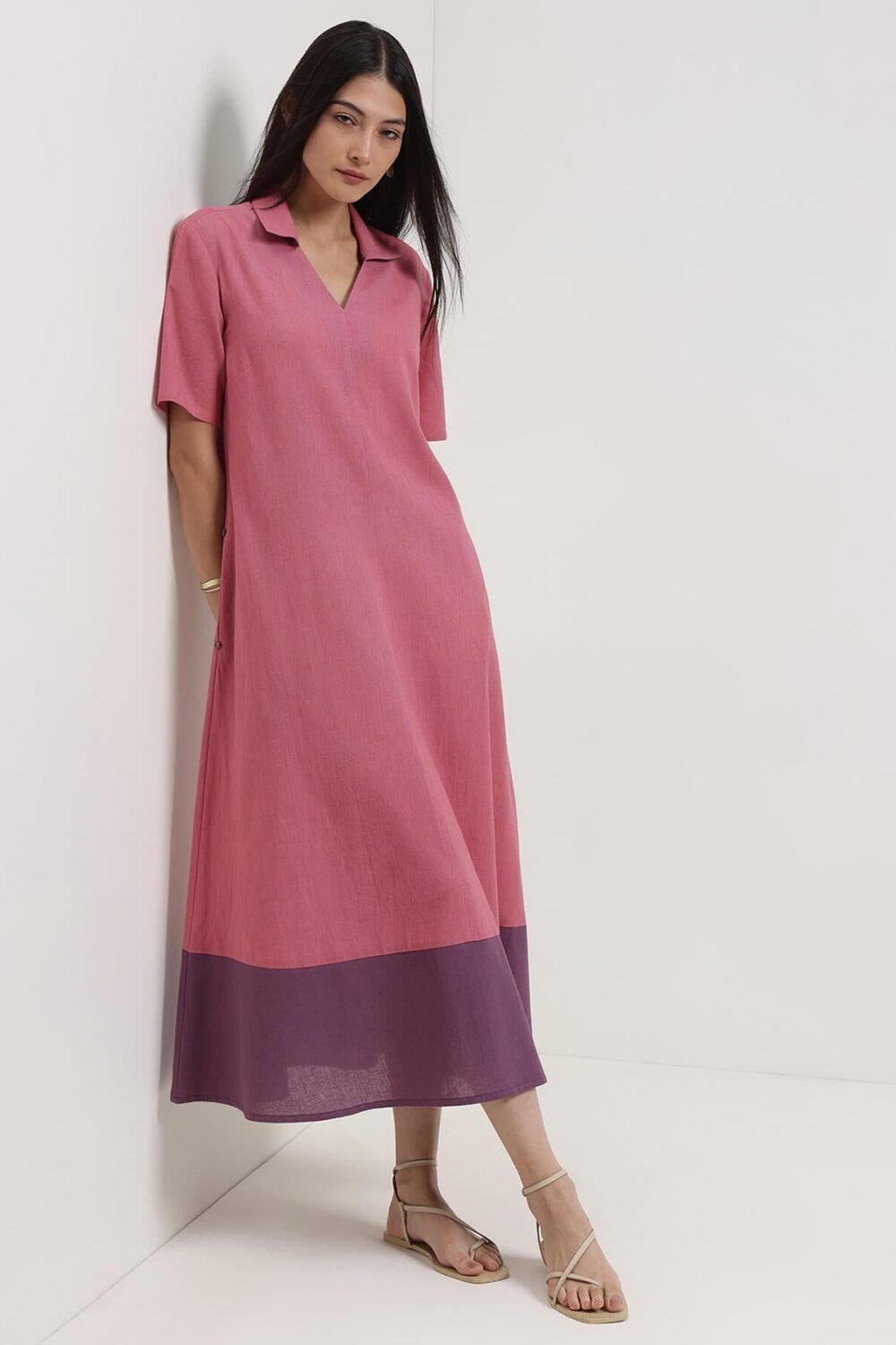 Linen Blend Colourblock A-Line Dress - Pink