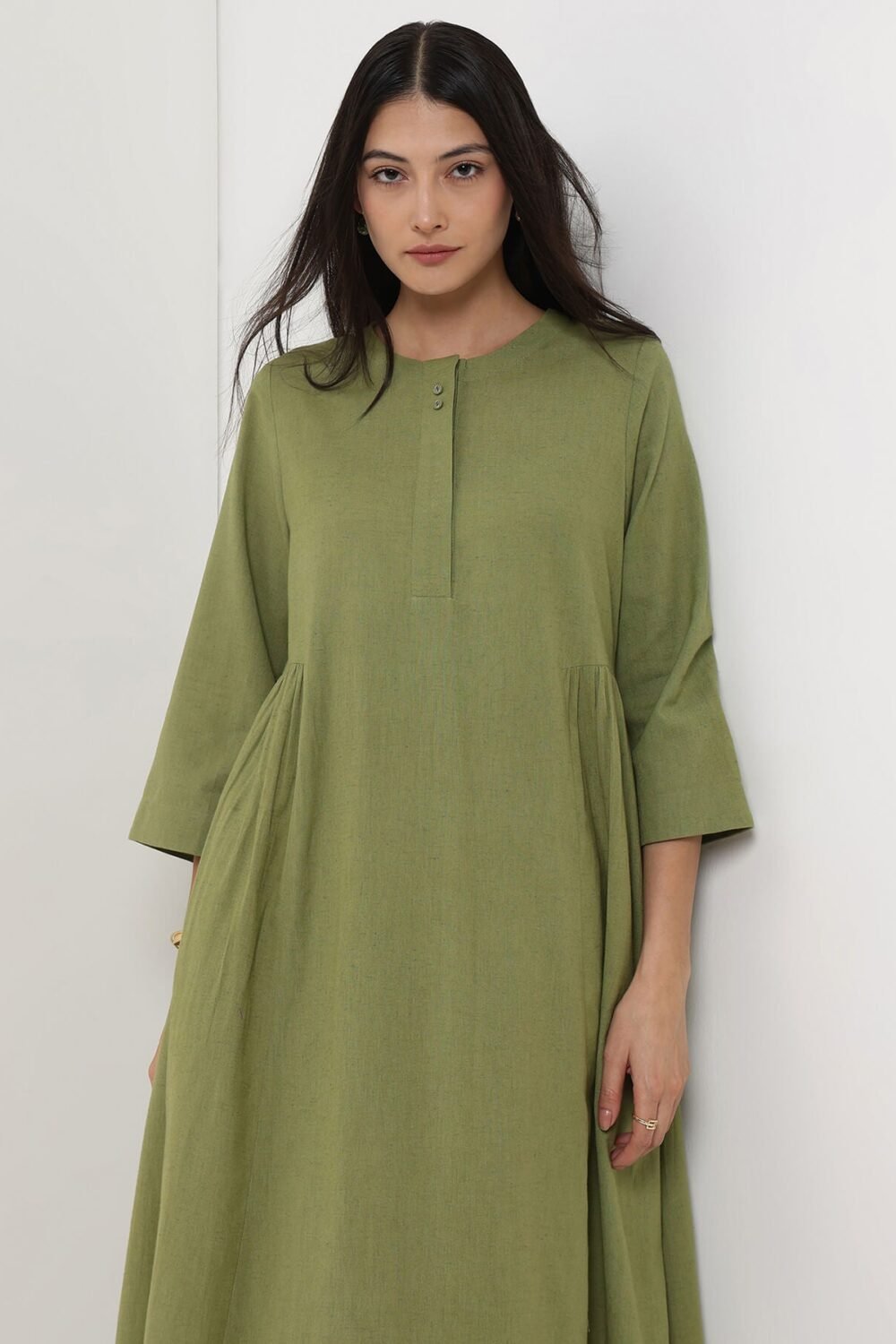 Linen Blend Solid A-Line Dress - Green
