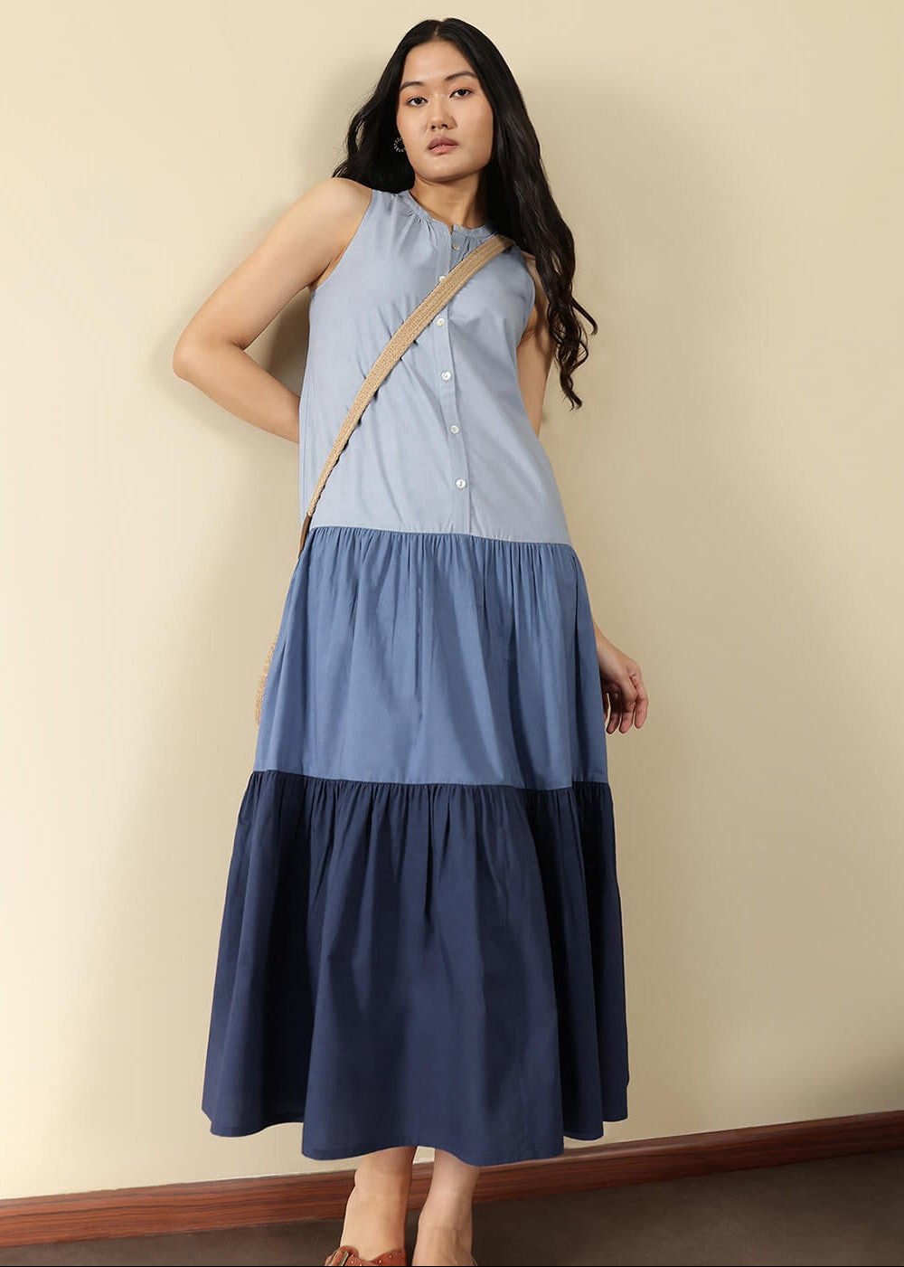 Cotton Colourblock Fit and Flare Dress - Blue