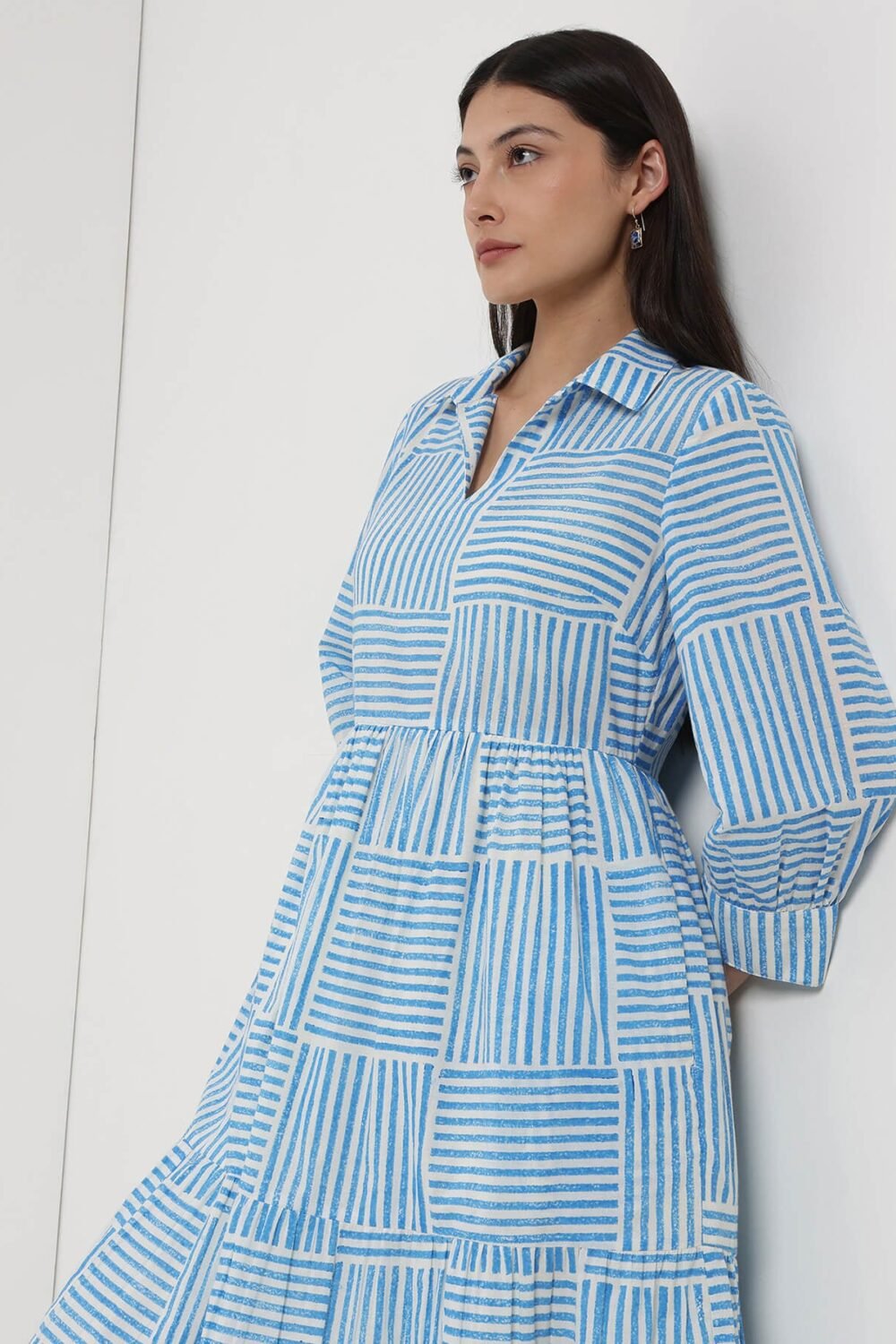 Cotton Geometric Shirt Collar Dress - Off White & Blue