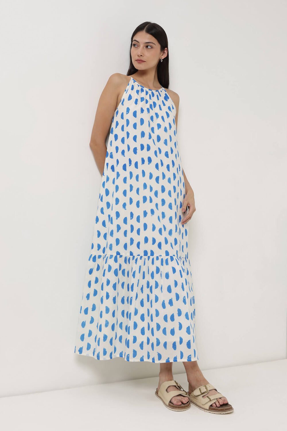 Cotton Geometric Fit and Flare Dress - Off White & Blue