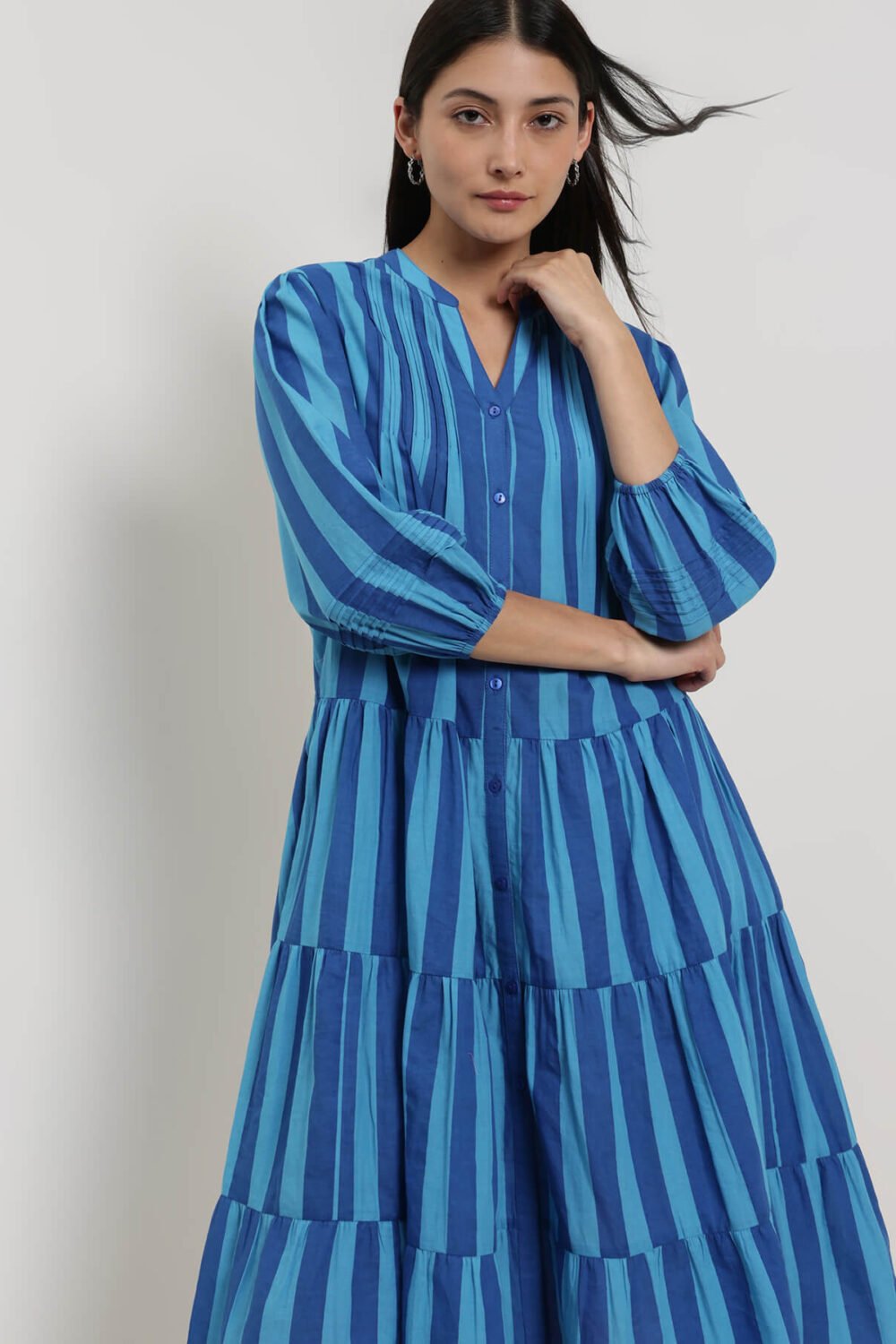Cotton Striped Fit and Flare Dress - Blue