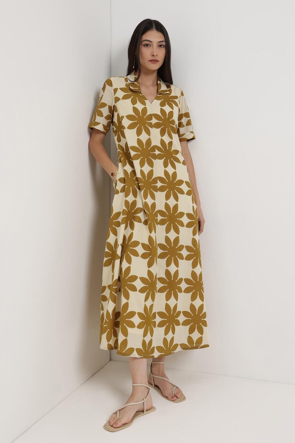Cotton Floral Shirt Collar Dress - Off White and Mustard