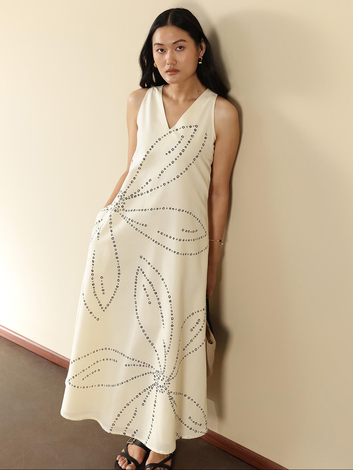 Cotton Floral Bandhani A-Line Dress - Off White