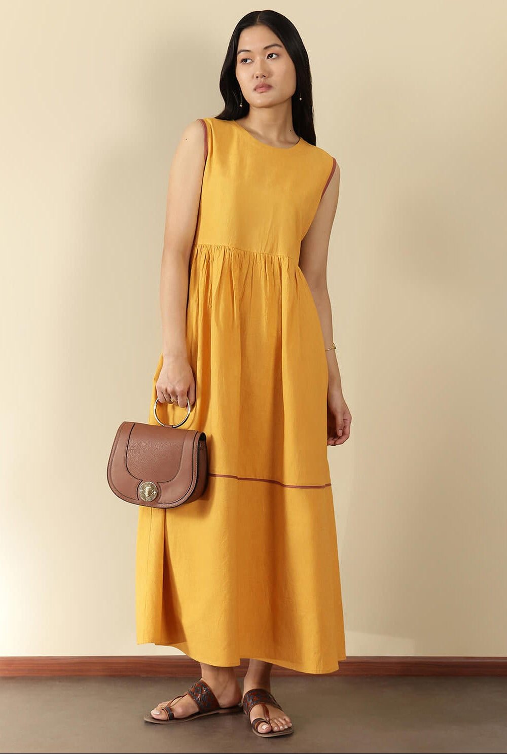 Linen Blend Solid Fit and Flare Dress - Yellow