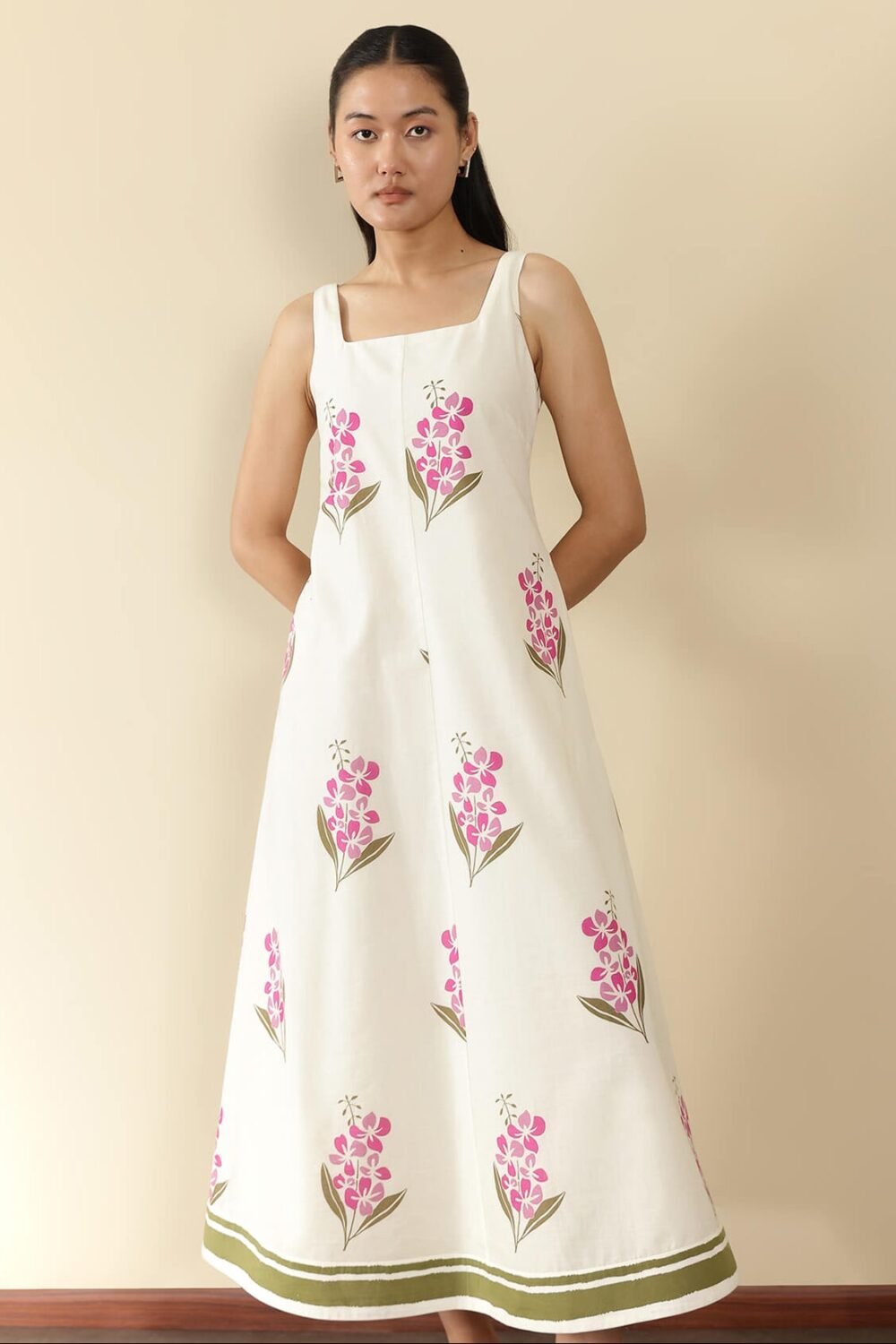 Cotton Floral A-Line Dress - Off White