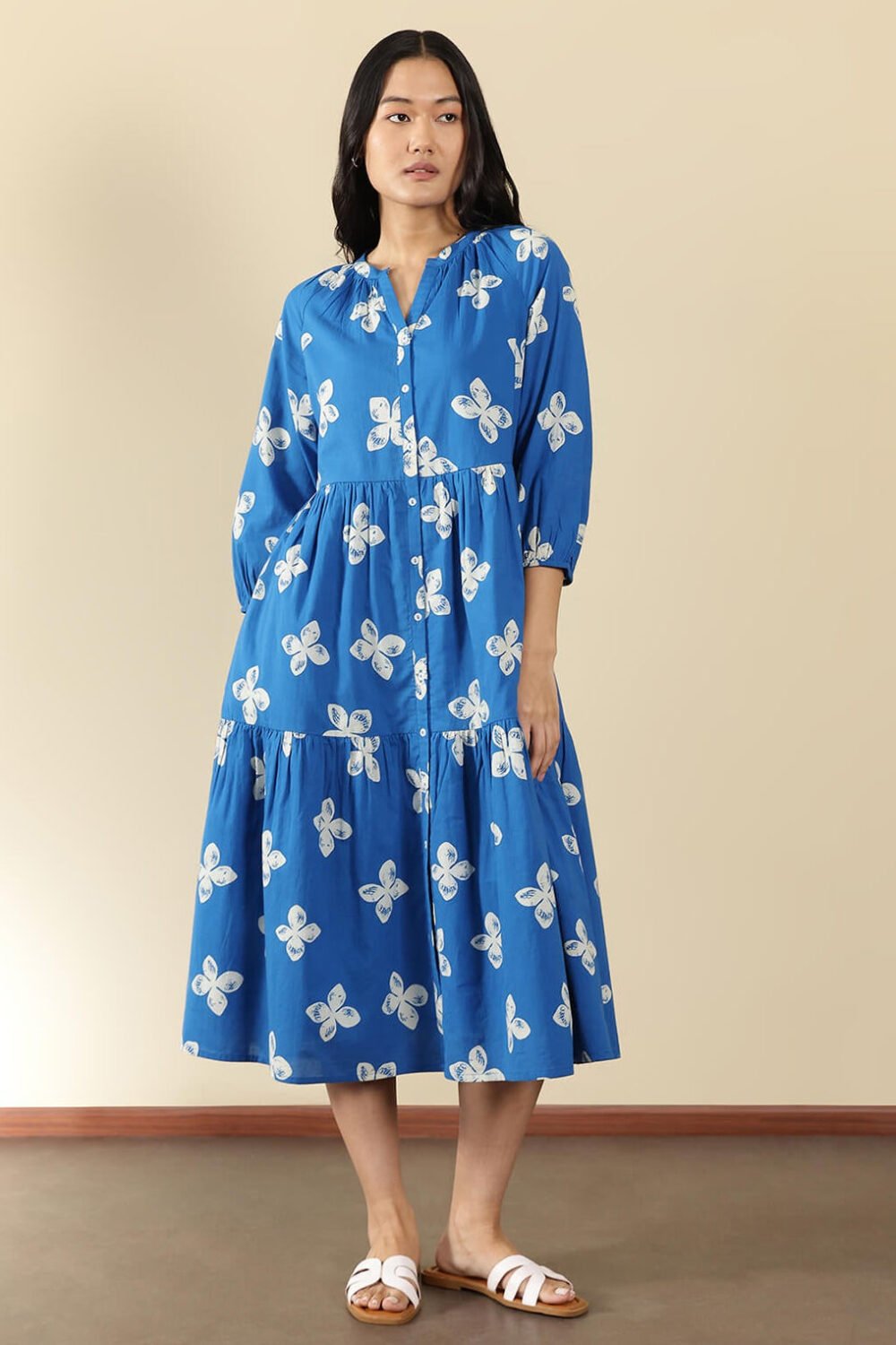 Cotton Floral Fit and Flare Dress - Blue