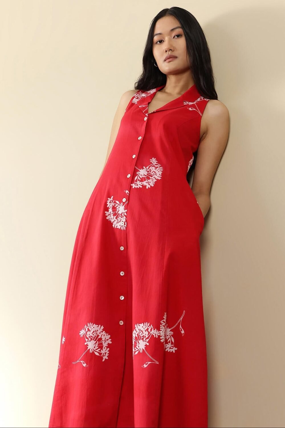 Cotton Floral Midi A-Line Dress - Red