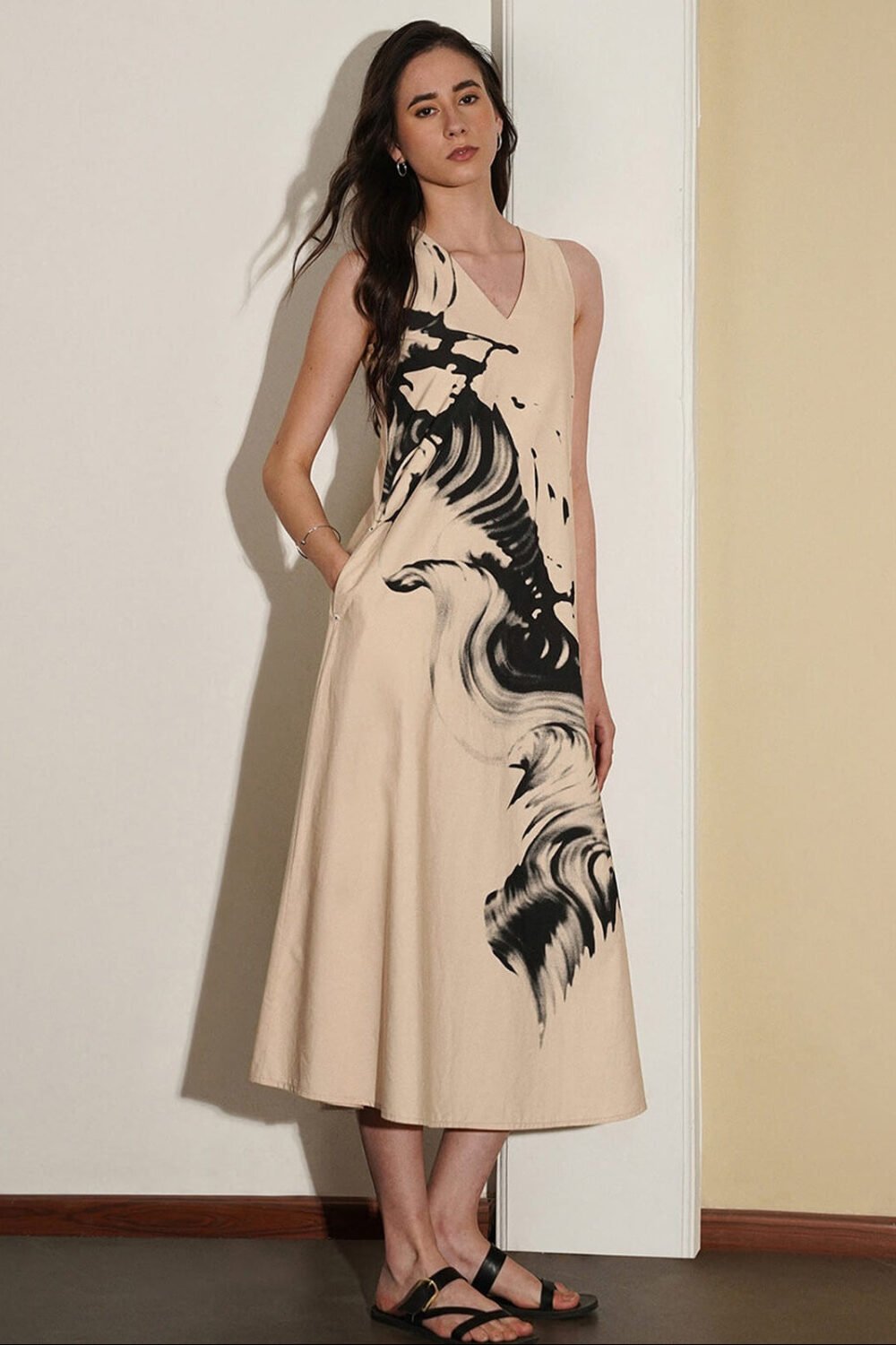 Cotton Abstract A-Line Dress - Beige and Black