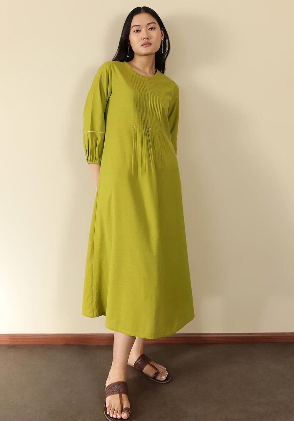 Cotton Solid Line Dress - Green