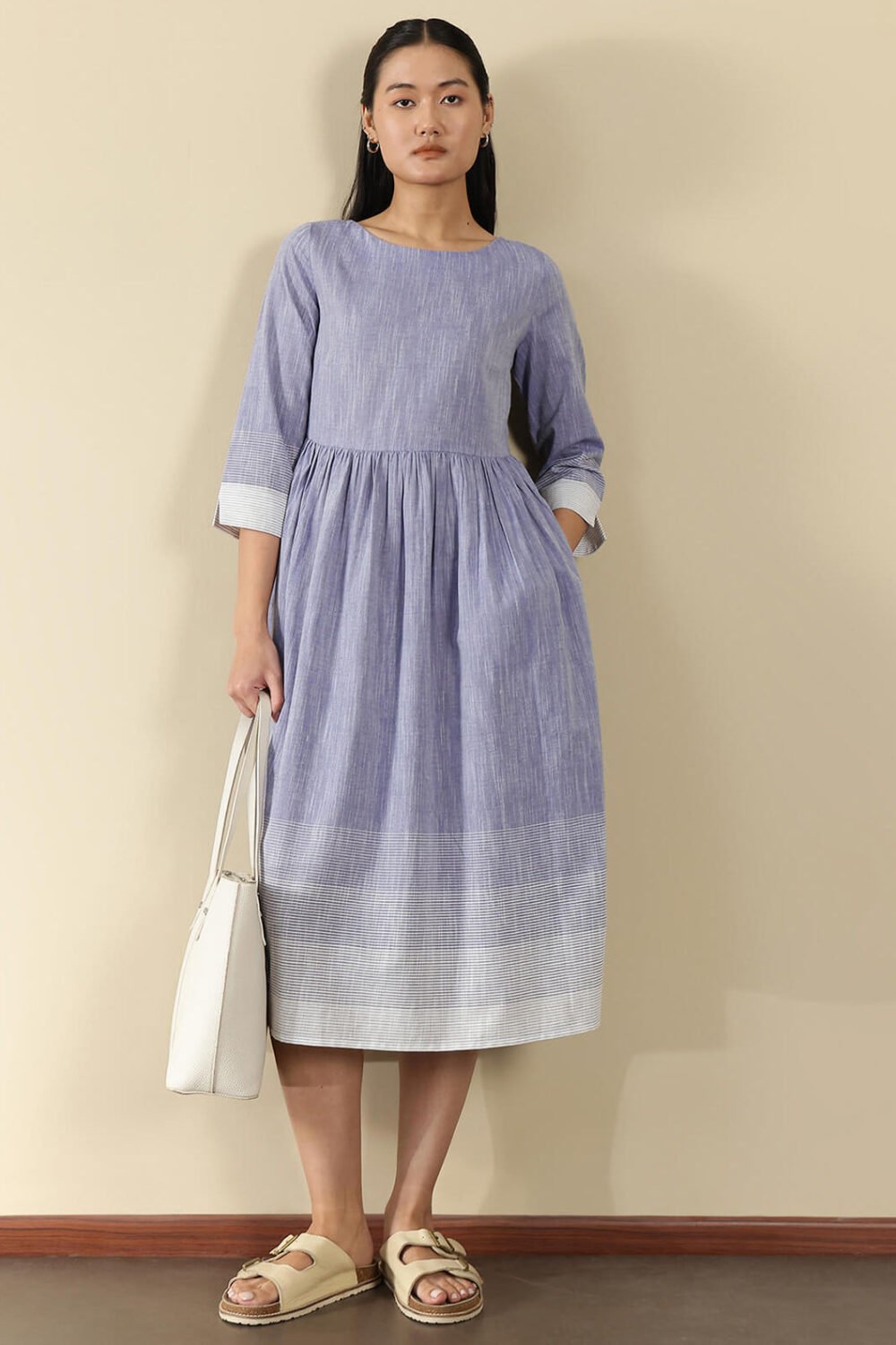 Cotton Woven Design Fit and Flare Dress - Blue