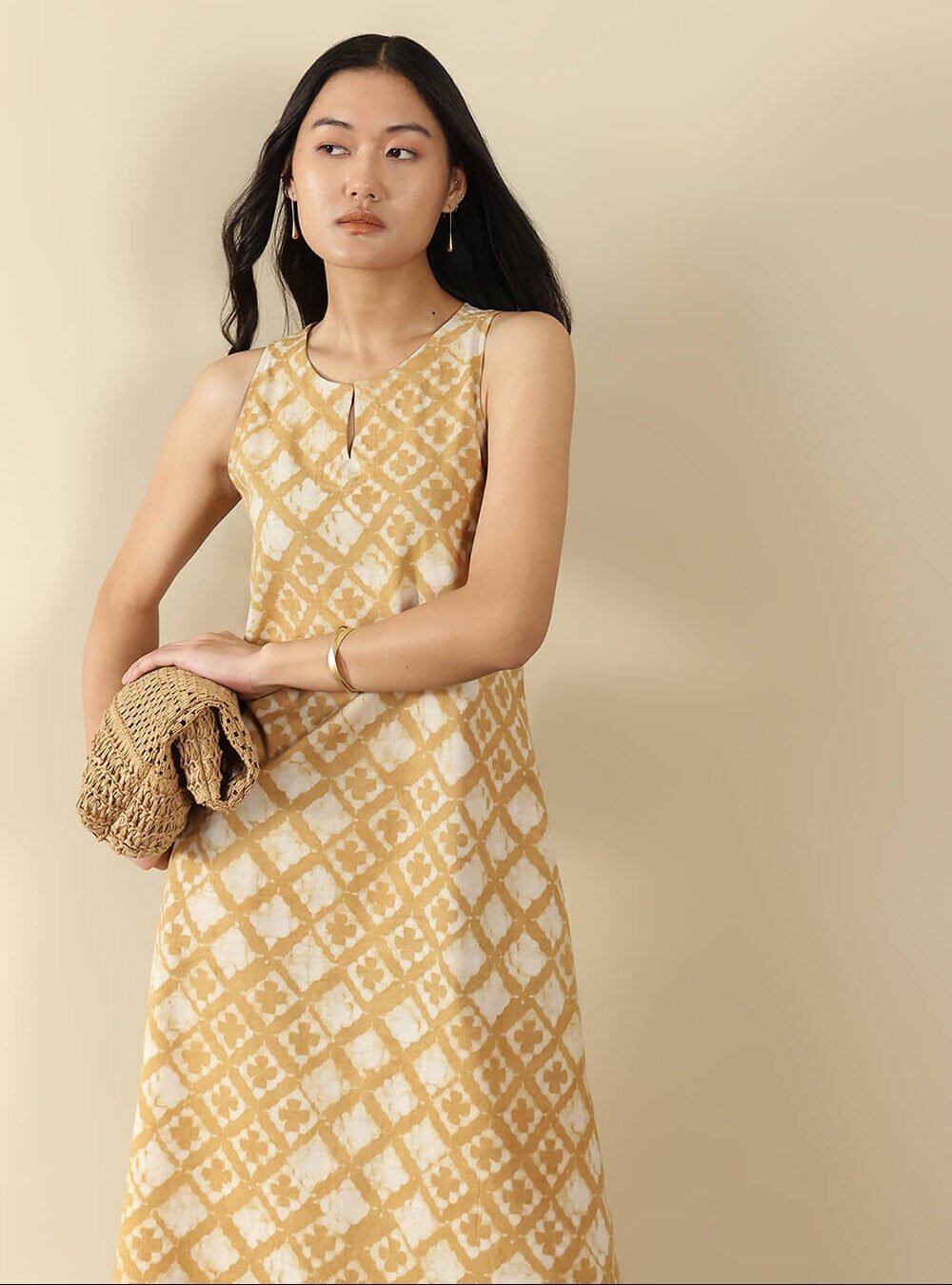 Cotton Dabu Floral A-Line Dress - Mustard