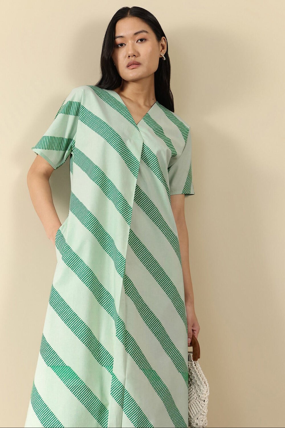 Cotton Striped Midi A-Line Dress - Green