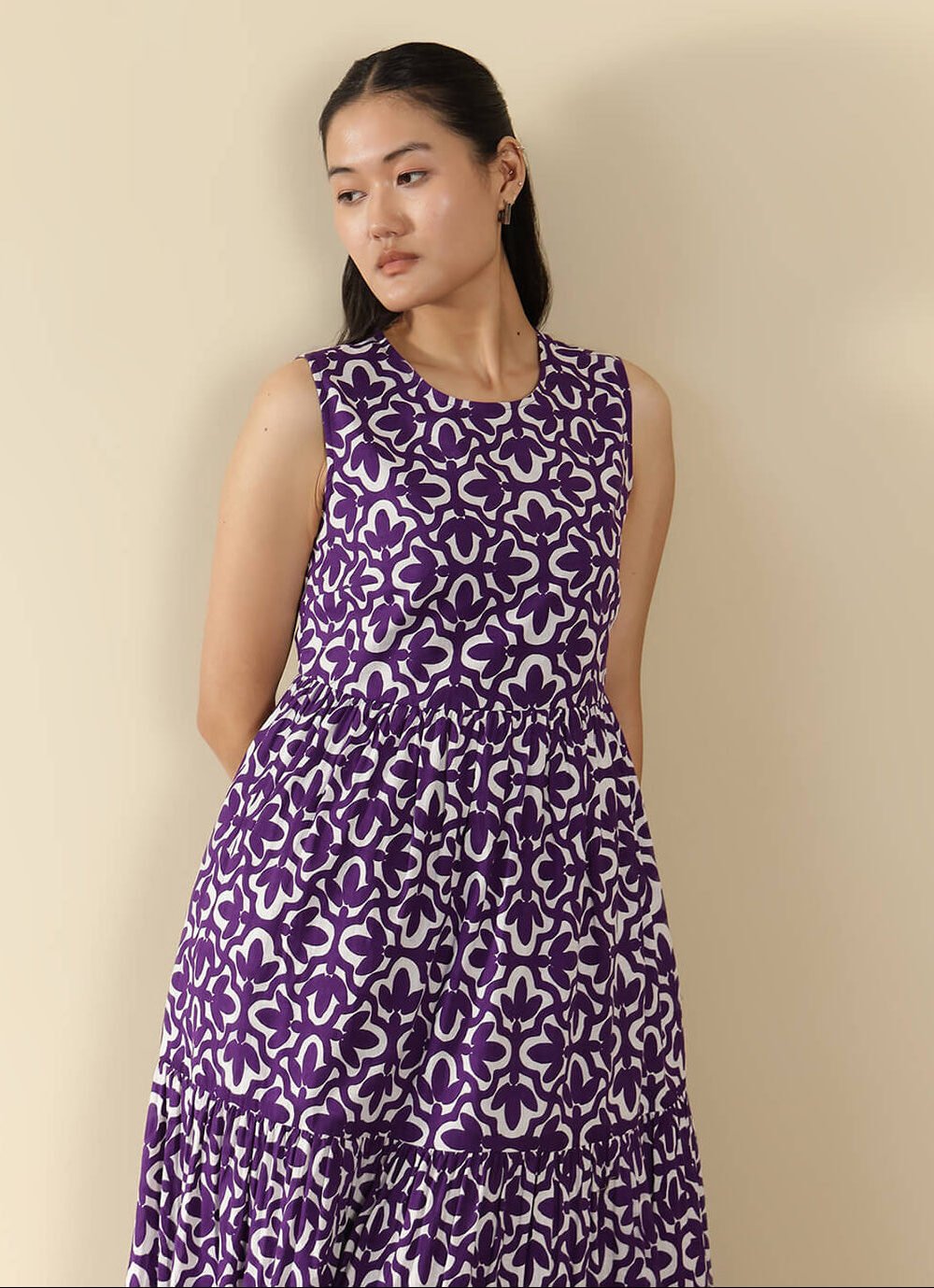 Cotton Geometric Fit and Flare Dress - Purple
