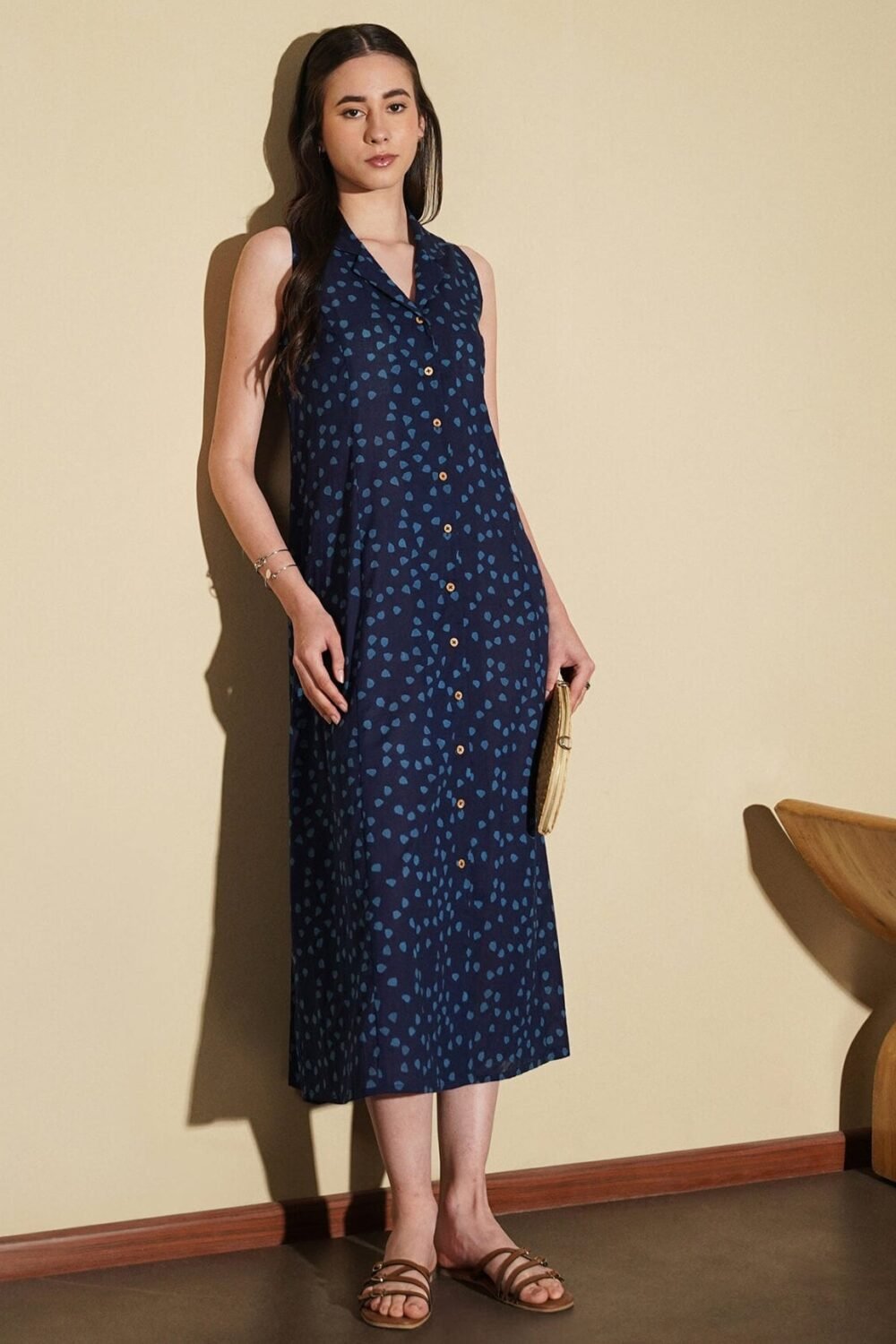 Cotton Geometric Shirt Collar Dress - Navy Blue