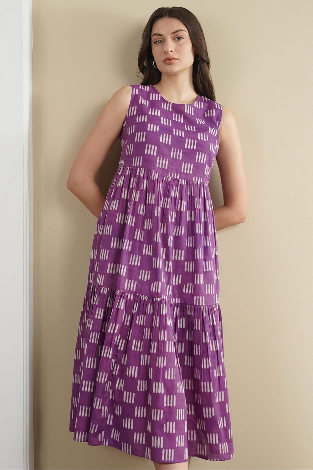 Cotton Dabu Geometric Fit and Flare Dress - Purple