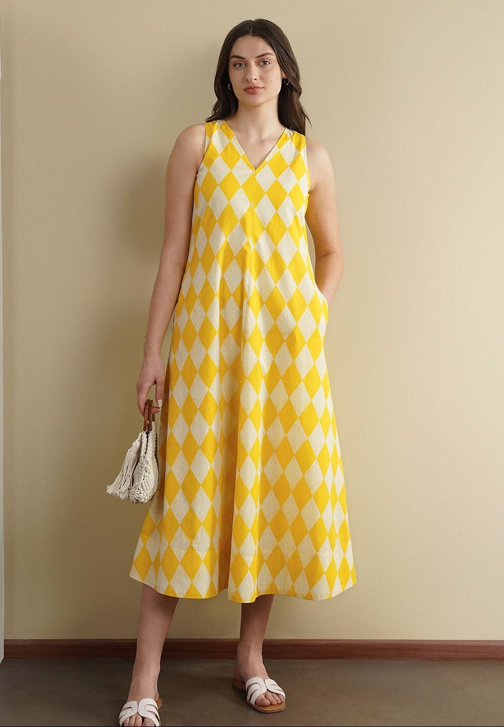 Cotton Geometric Dress - Yellow