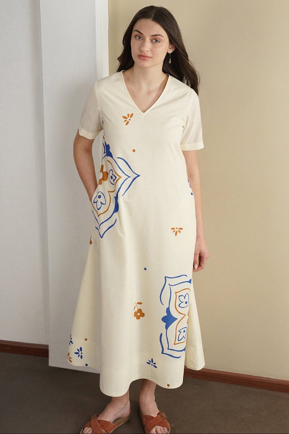 Cotton Abstract A-Line Dress - Off White