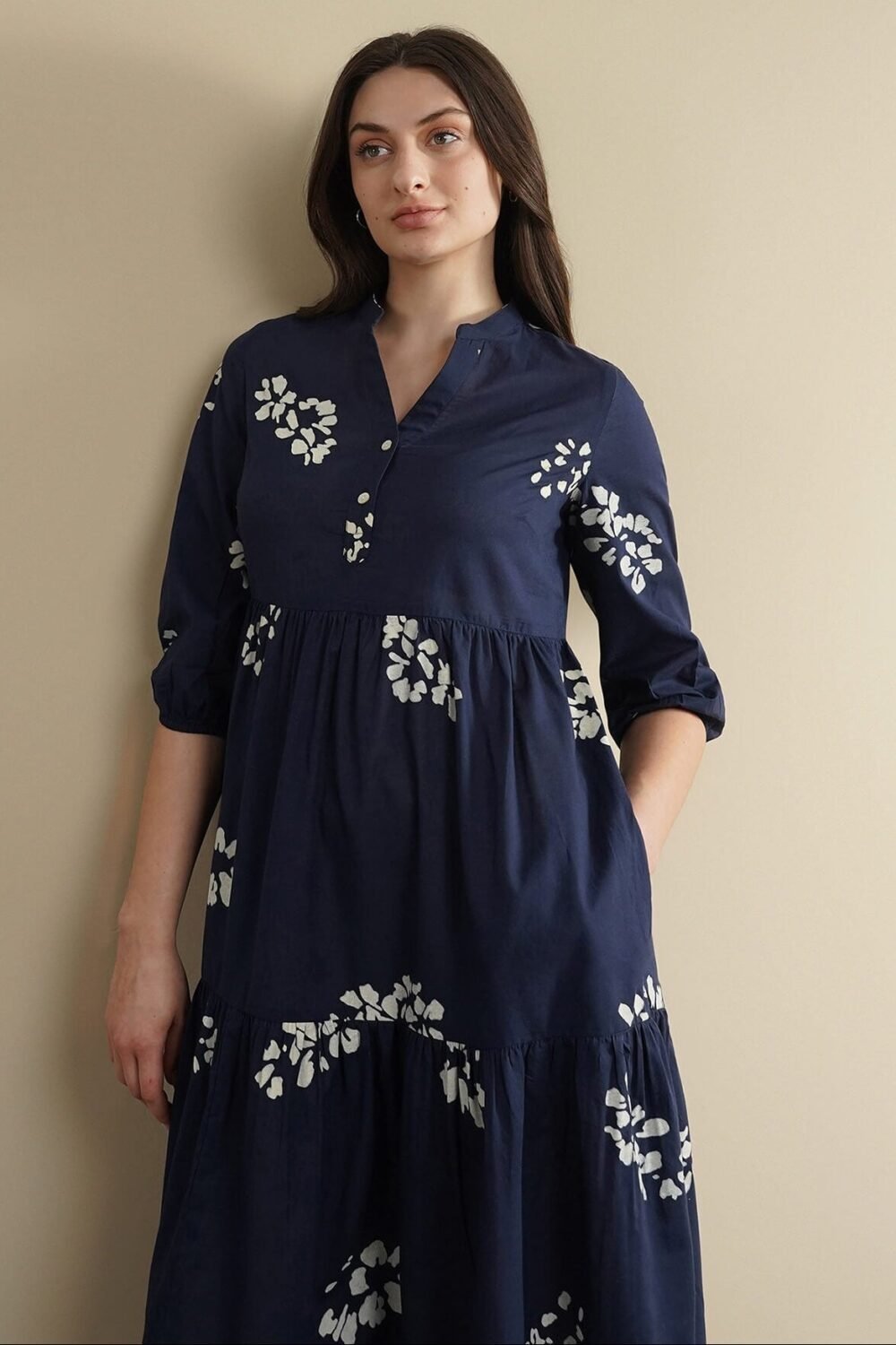 Cotton Geometric Fit and Flare Dress - Navy Blue