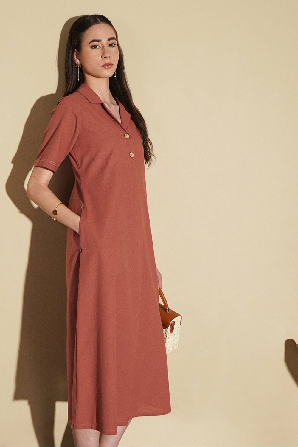 Linen Blend Solid V-Neck Dress - Rust