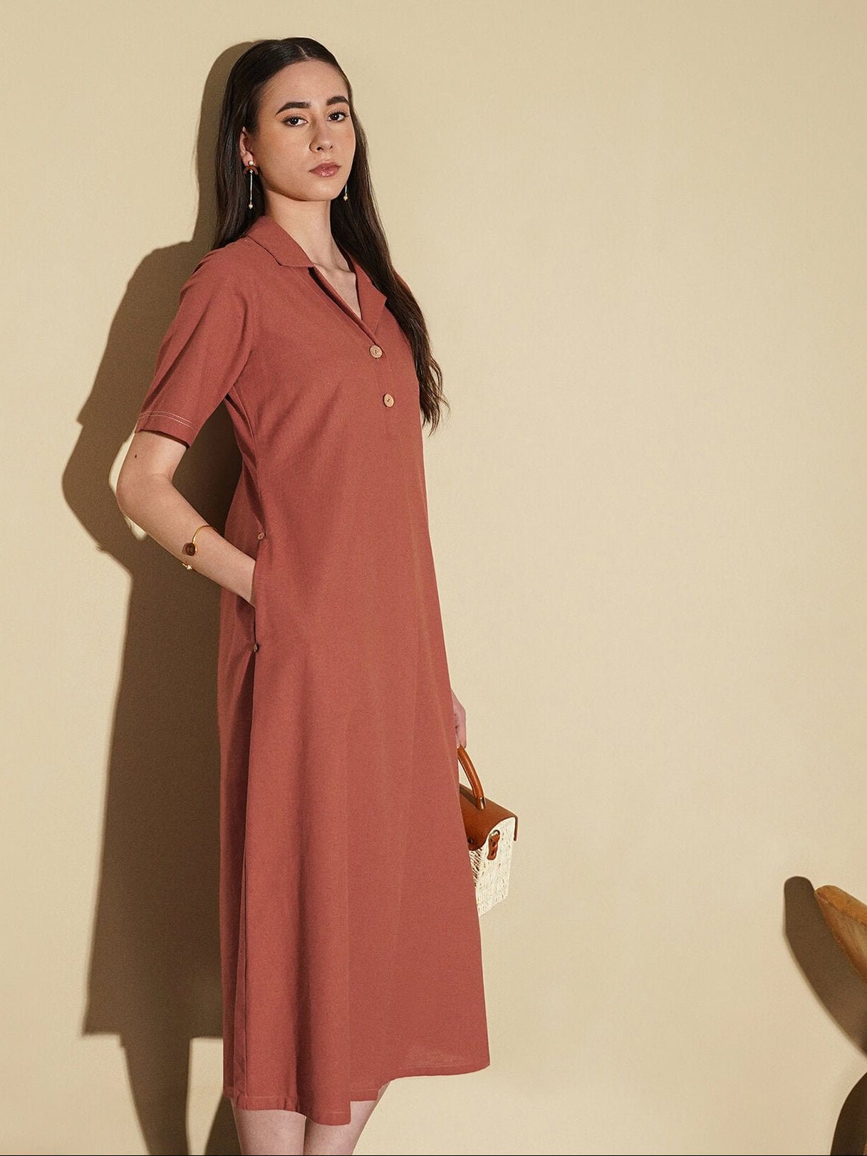 Linen Blend Solid V-Neck Dress - Rust
