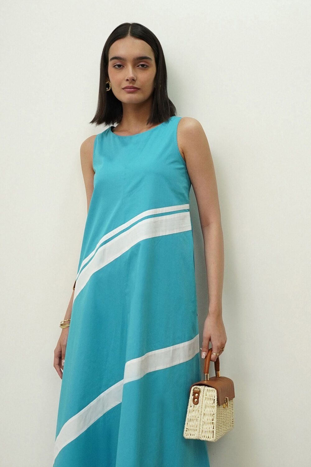 Cotton Colourblock A-Line Dress - Blue