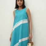 Cotton Colourblock A-Line Dress - Blue