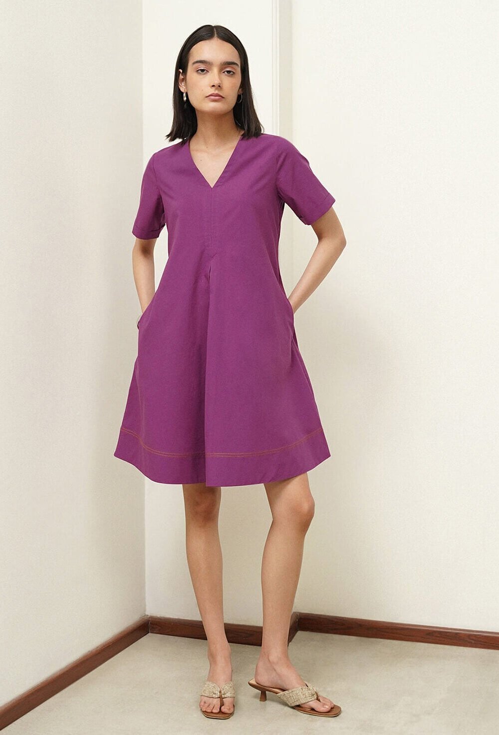 Cotton Solid A-Line Dress - Purple