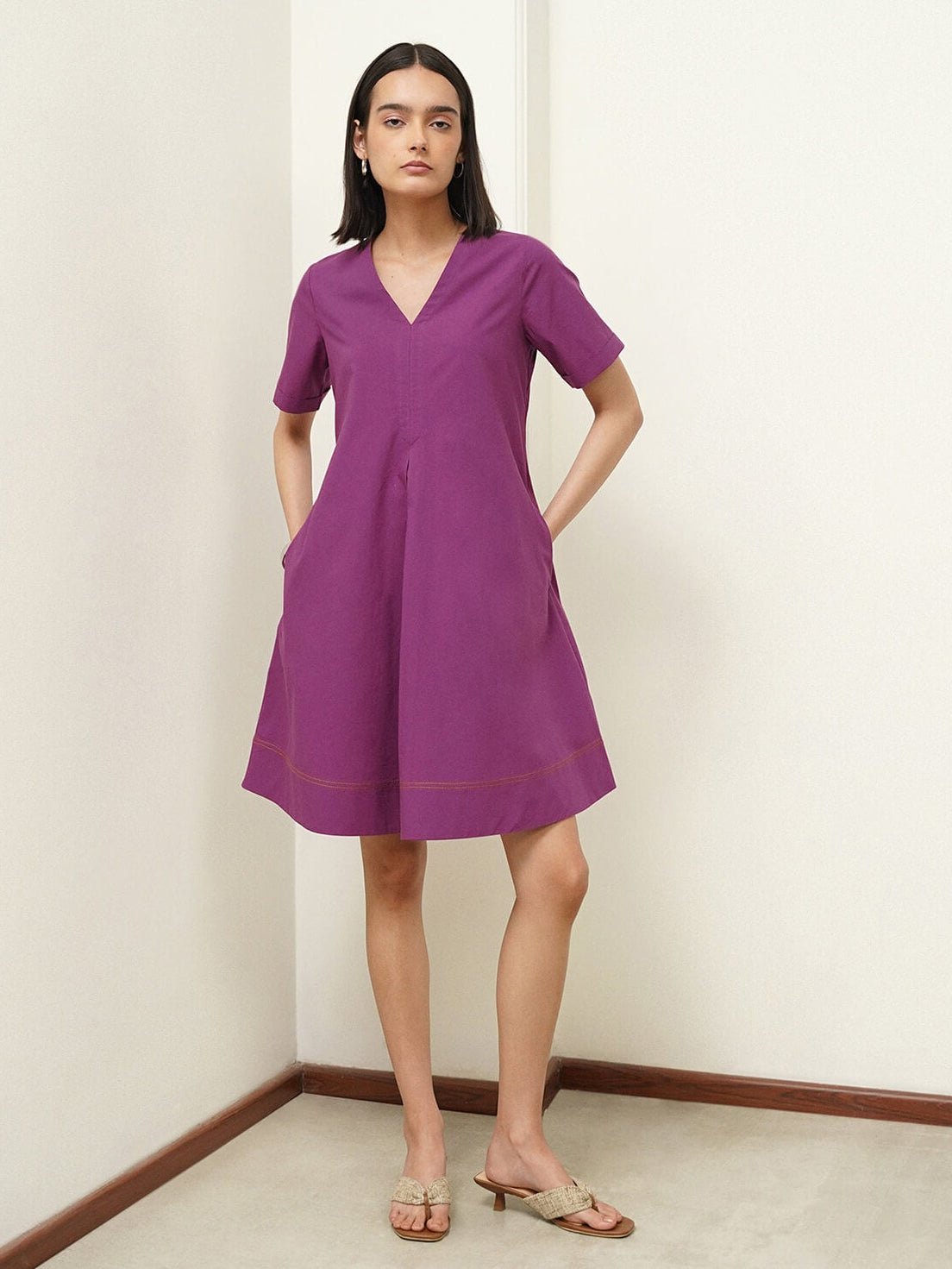 Cotton Solid A-Line Dress - Purple