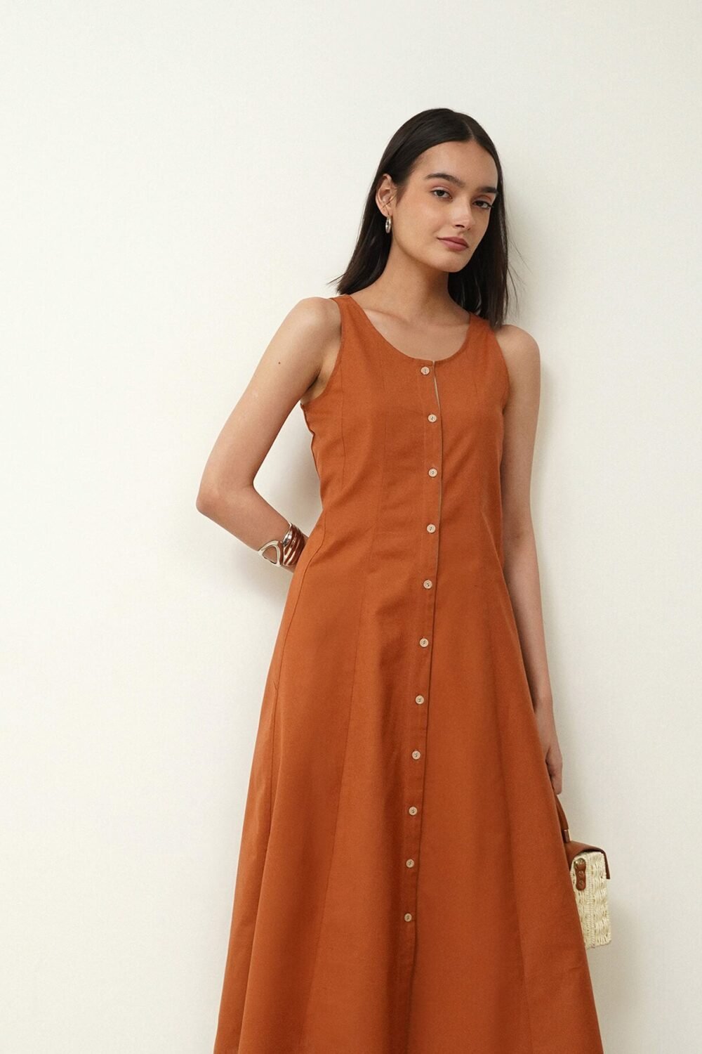 Linen Blend Colourblock Dress - Rust