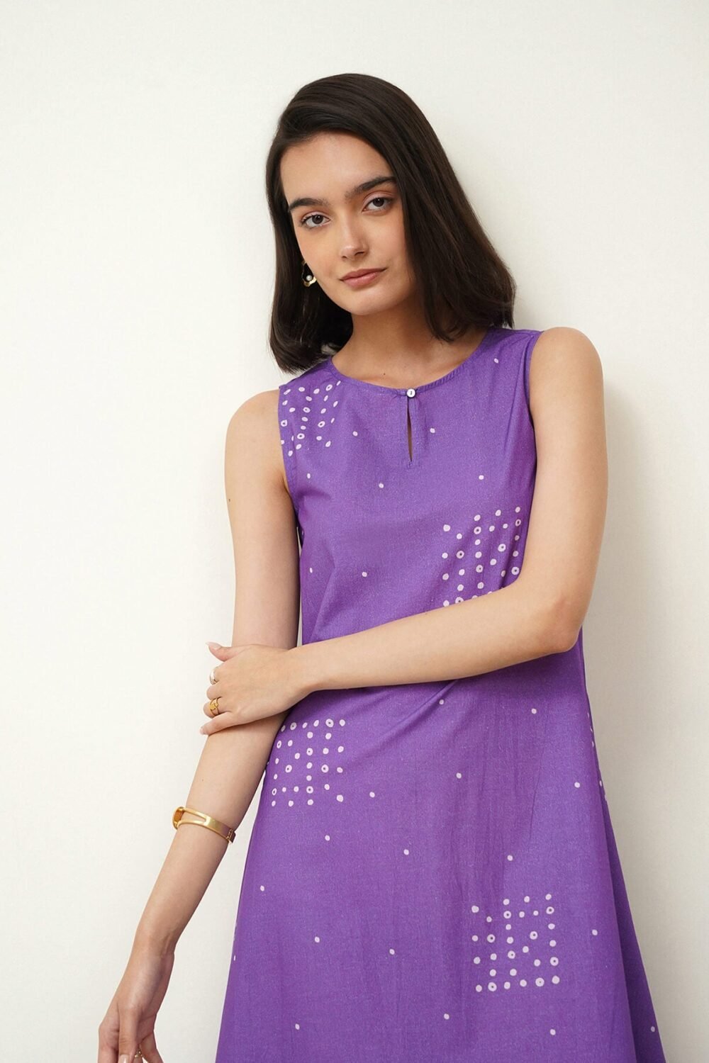 Cotton Round Neck A-Line Dress - Purple