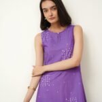 Cotton Round Neck A-Line Dress - Purple