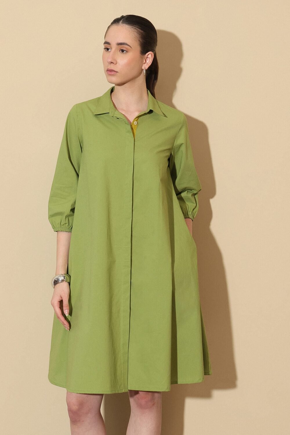 Cotton Colourblock Shirt Collar Dress - Green